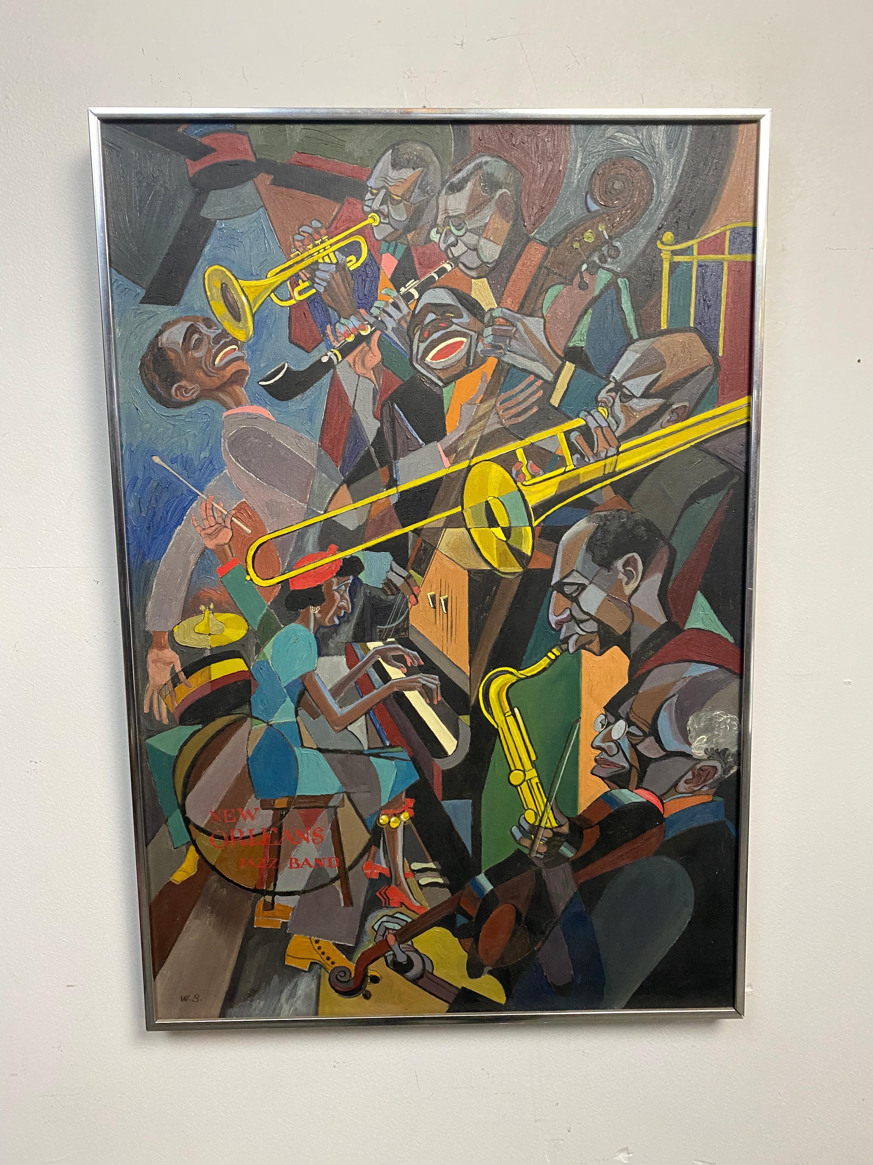 Wonderful oil on canvas depicting New Orleans Jazz Band hand executed by William Sharp 1900-1961. Amazing use of color, space, texture,

William Sharp was born on June 13, 1900, in Lemberg, Austria, where he attended college and the Academy for