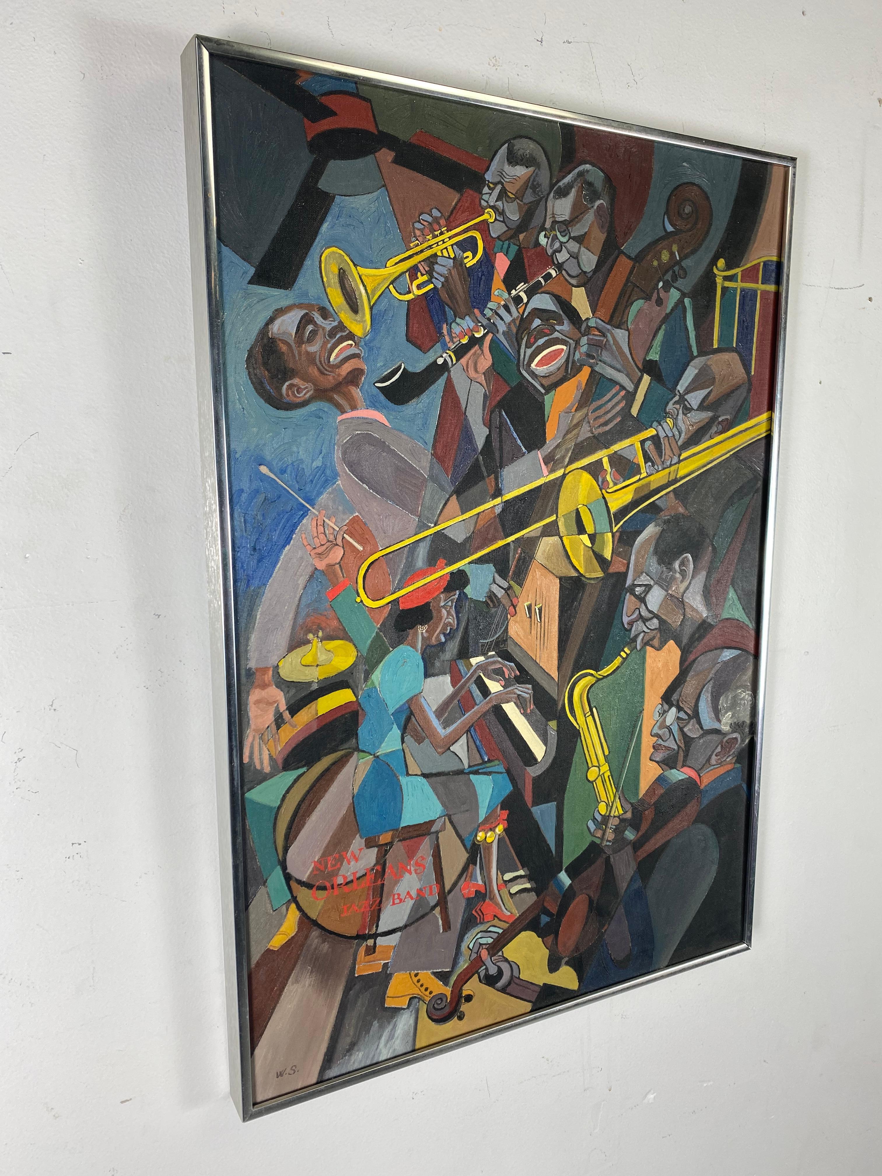 Hand-Painted Large Abstract Modernist Cubist Jazz Painting, Oil on Canvas by William Sharp