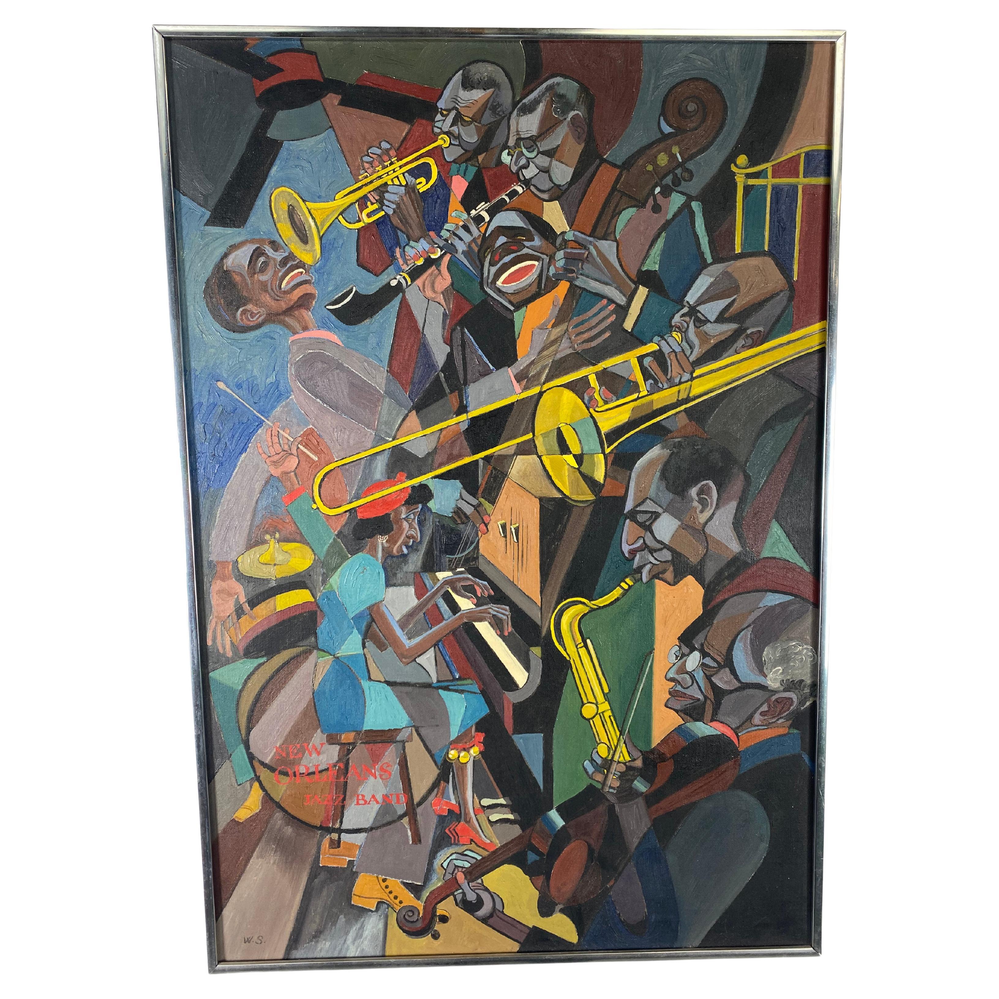 Large Abstract Modernist Cubist Jazz Painting, Oil on Canvas by William Sharp