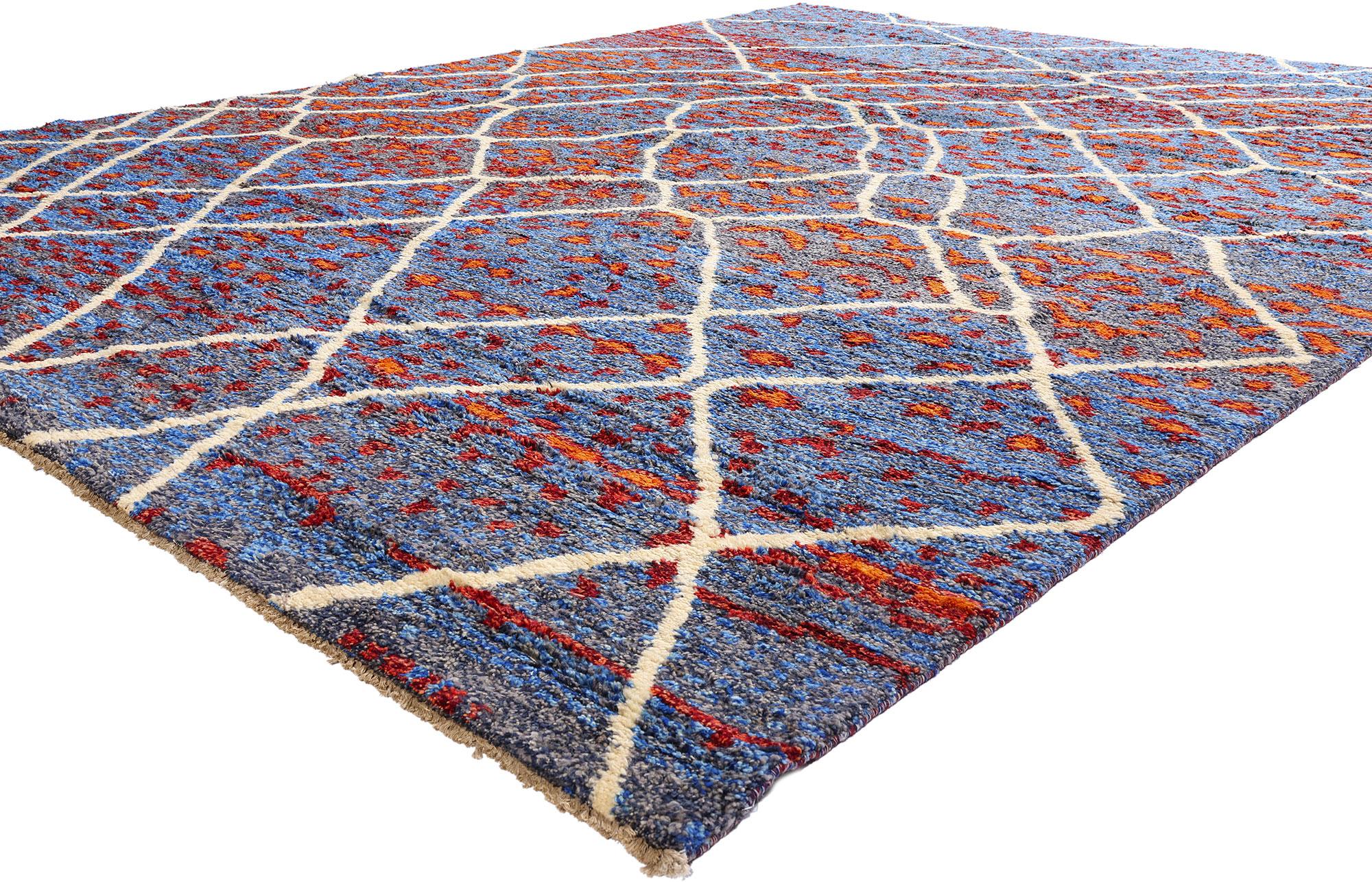 80484 New Modern Abstract Moroccan Rug, 10'06 x 13'09. Step into a world where tradition collapses into modernist ecstasy—where tribal geometry is reborn through the visual language of avant-garde art. This exceptional hand-knotted wool Moroccan
