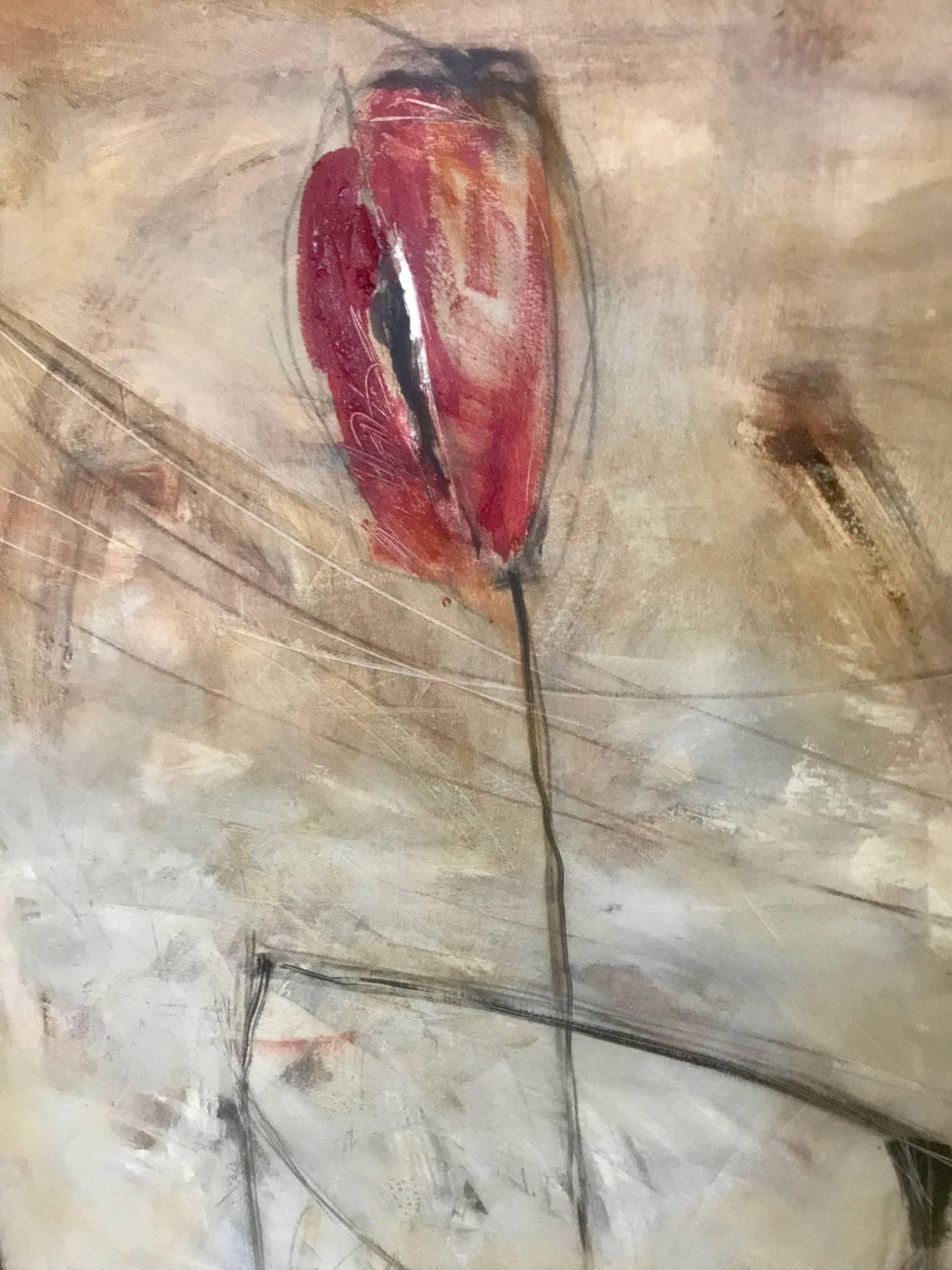 Striking abstract painting by Darina MarCo titled “Red Tulip”, plaster and oil on canvas, signed lower right. Custom black and gold frame.
