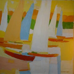 Large Abstract Oil on Canvas by Italo Botti "Regatta" signed Barrel