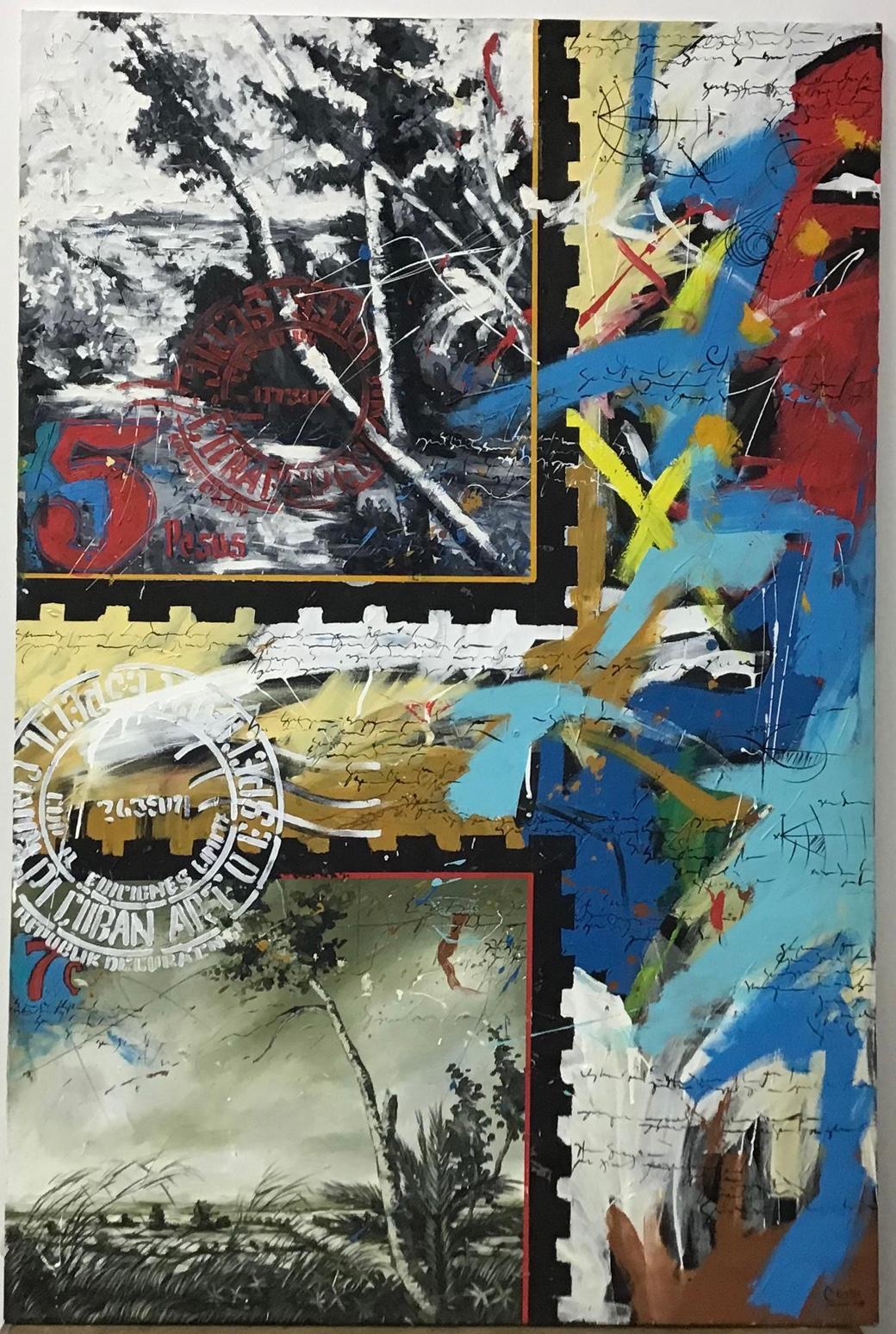 Gran cuadro abstracto al óleo sobre lienzo. Bonitos colores vivos y brillantes con un diseño abstracto. Pintado por un artista cubano y Firmado Cesar 011. Cualquiera que conozca Cuba puede darse cuenta de cuál es el mensaje del artista en este