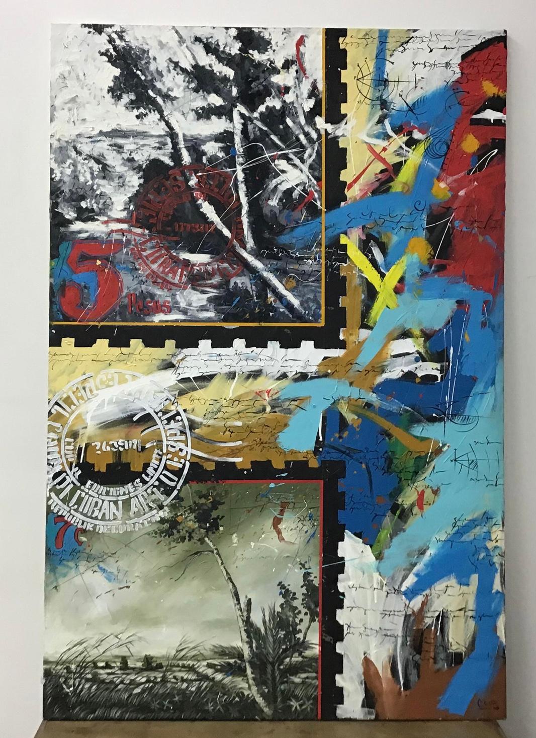 Gran óleo abstracto sobre lienzo firmado por artista cubano Moderno de mediados de siglo en venta