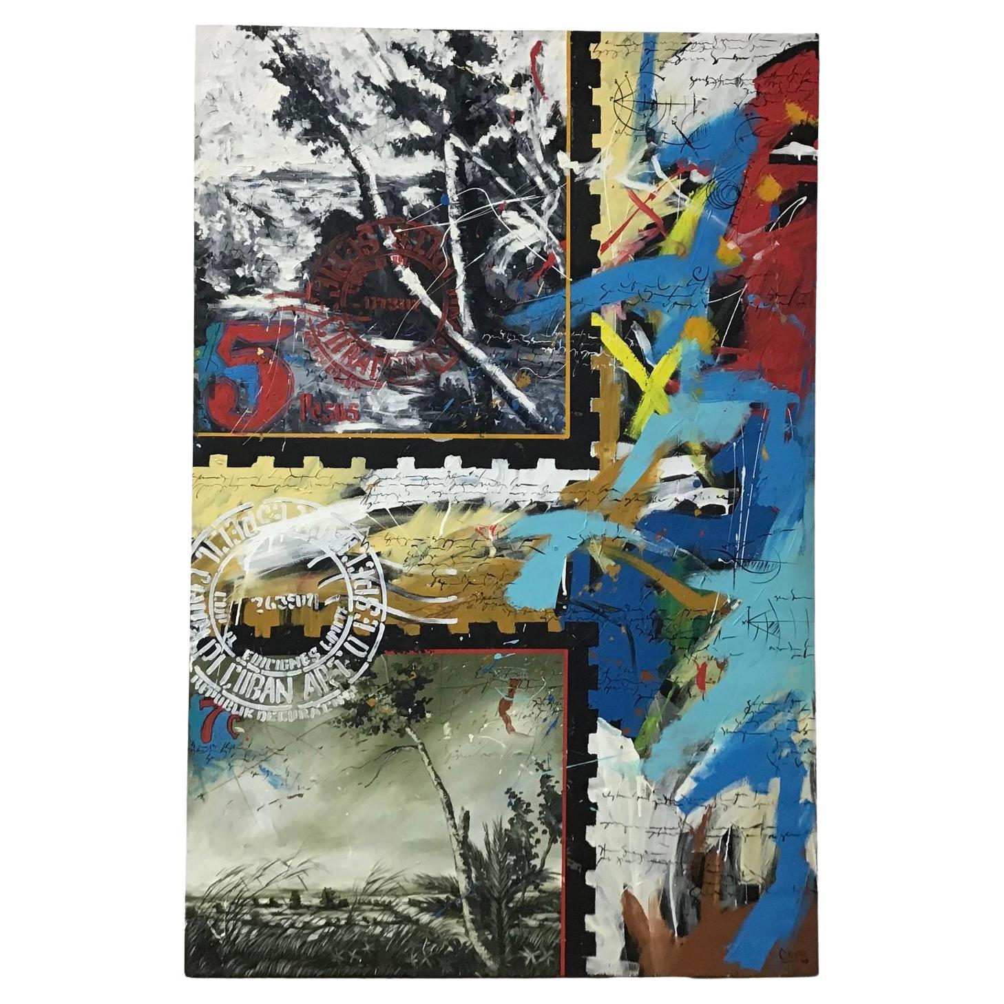 Gran óleo abstracto sobre lienzo firmado por artista cubano