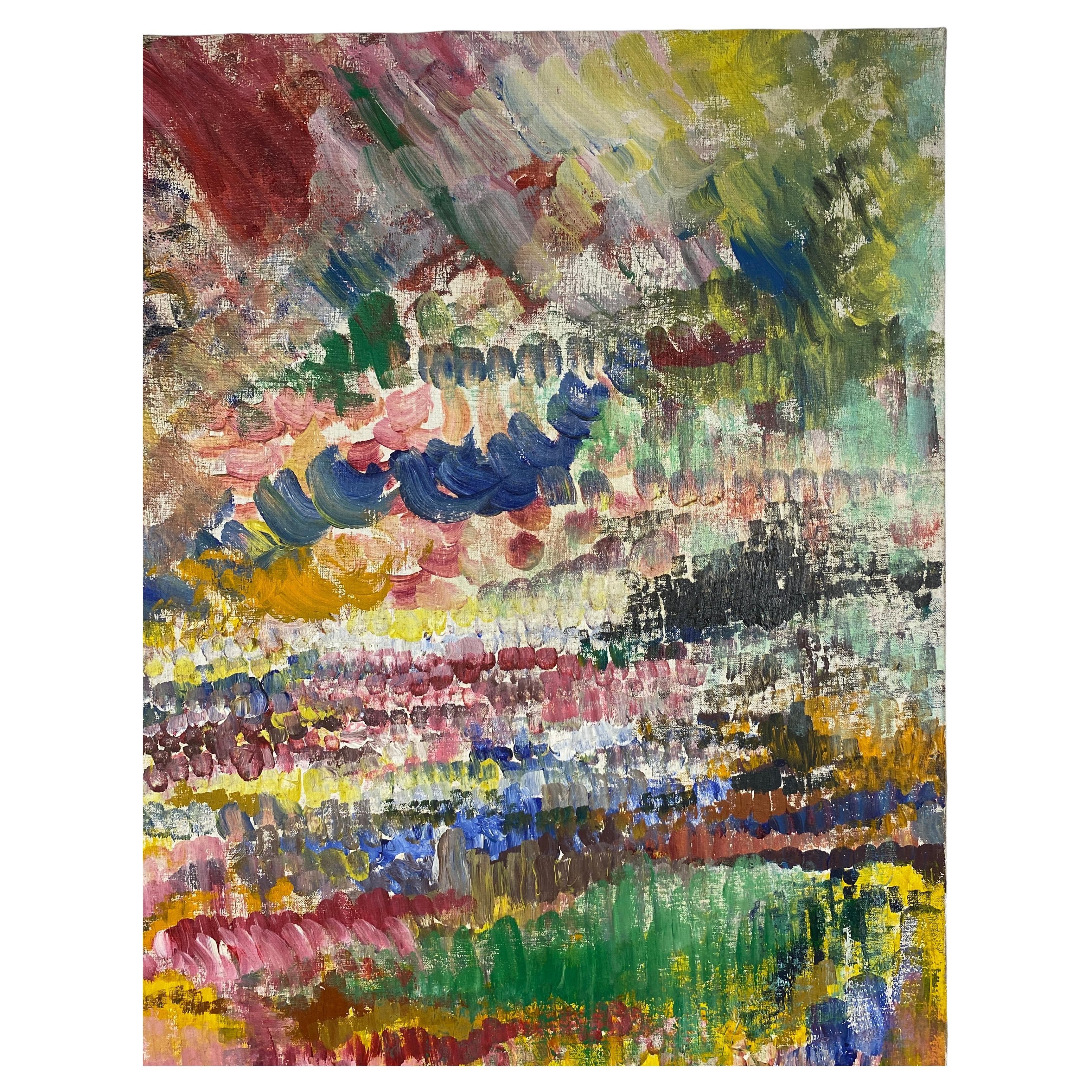 Original, large abstract oil on canvas painting with multiple vibrant colors: pink, blue, yellow, white, green, brown. The texture, lines express movement and the dynamics of life. This vibrant, impasto painting grace walls internationally and