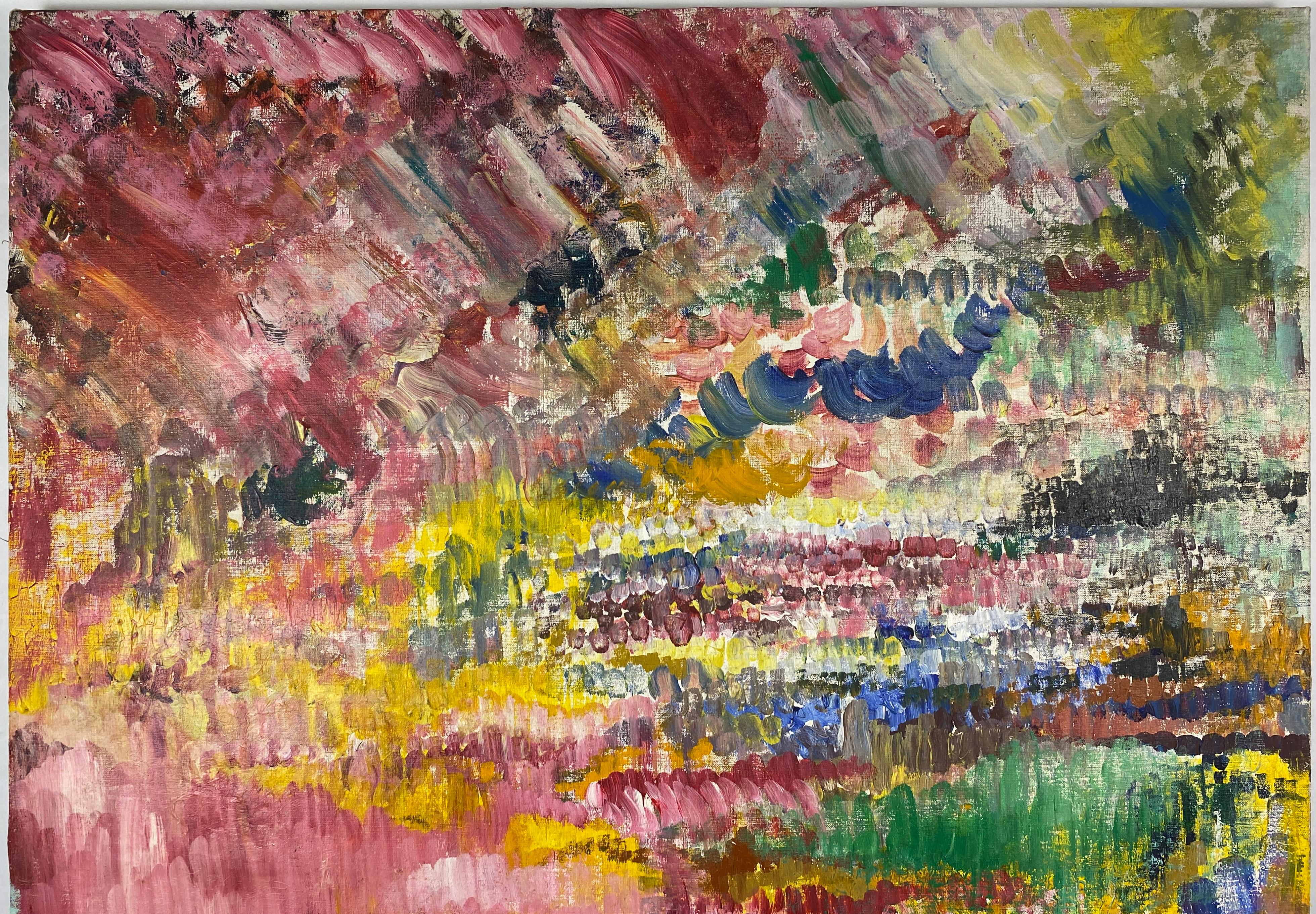 Large Abstract Oil on Canvas Painting Multicolored, Pink White Blue Yellow  In Good Condition In Miami, FL