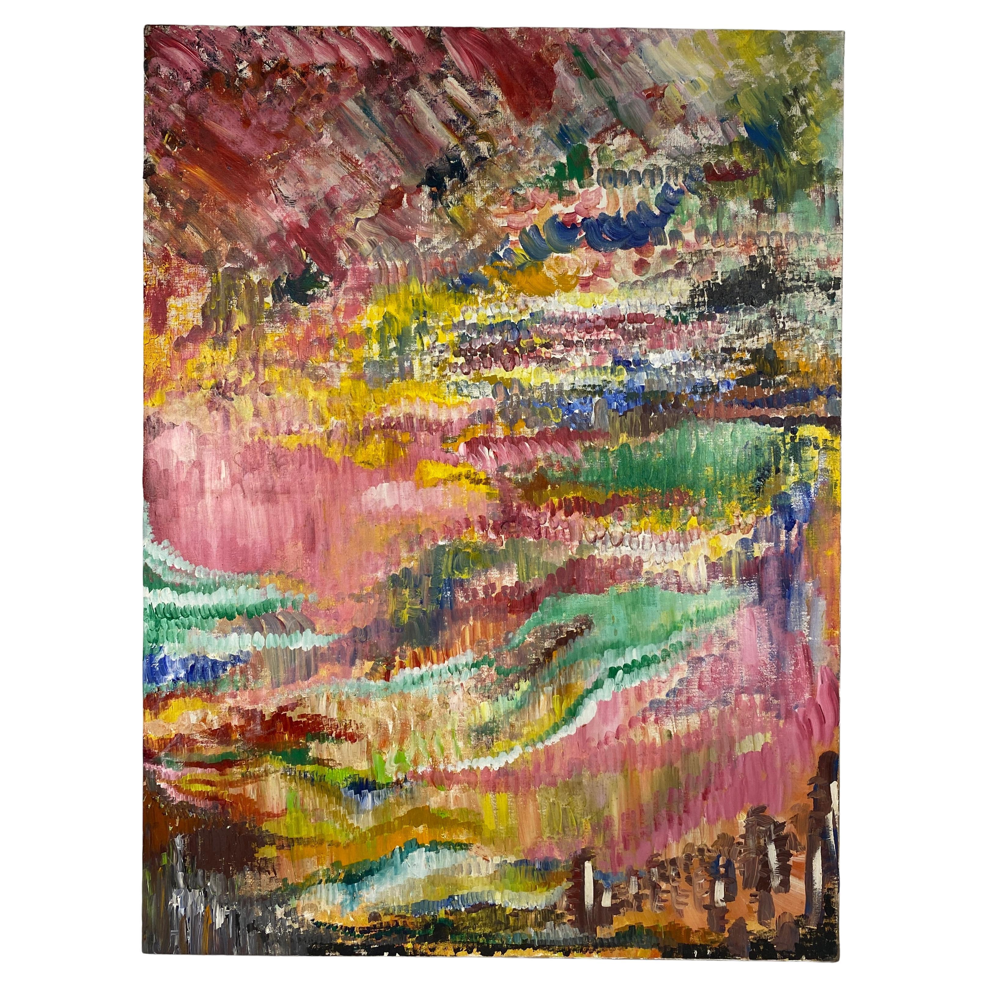 Large Abstract Oil on Canvas Painting Multicolored, Pink White Blue Yellow 