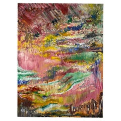 Large Abstract Oil on Canvas Painting Multicolored Pink Brown Blue Yellow Green
