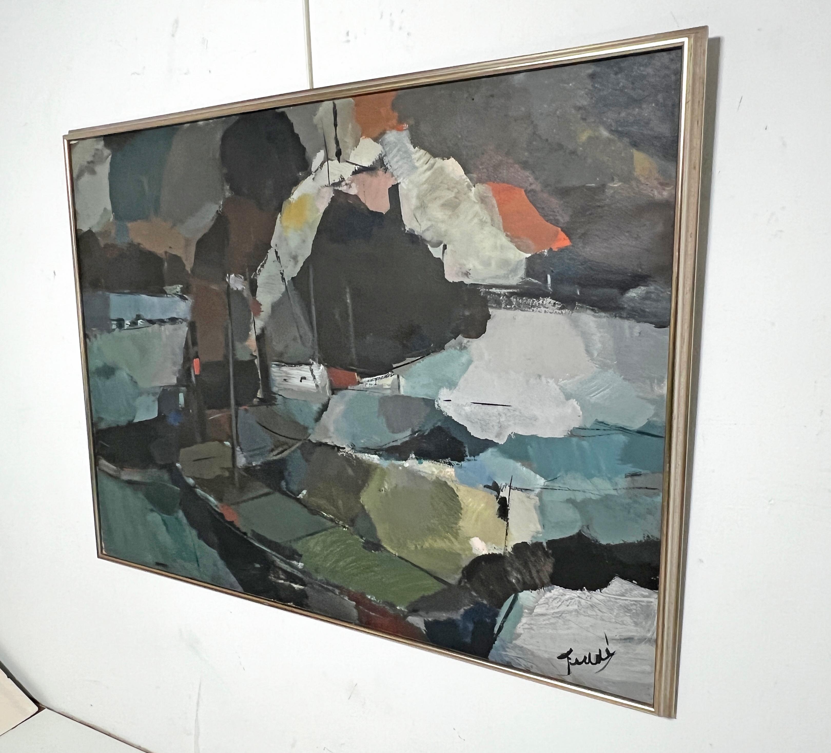 Ein großformatiges, abstraktes, expressives Ölgemälde auf Leinwand des niederländischen Künstlers Fedde de Jong, ca. Mitte der 1960er Jahre. Vom Vorbesitzer auf einer Dänemarkreise Mitte der 1960er Jahre erworben.