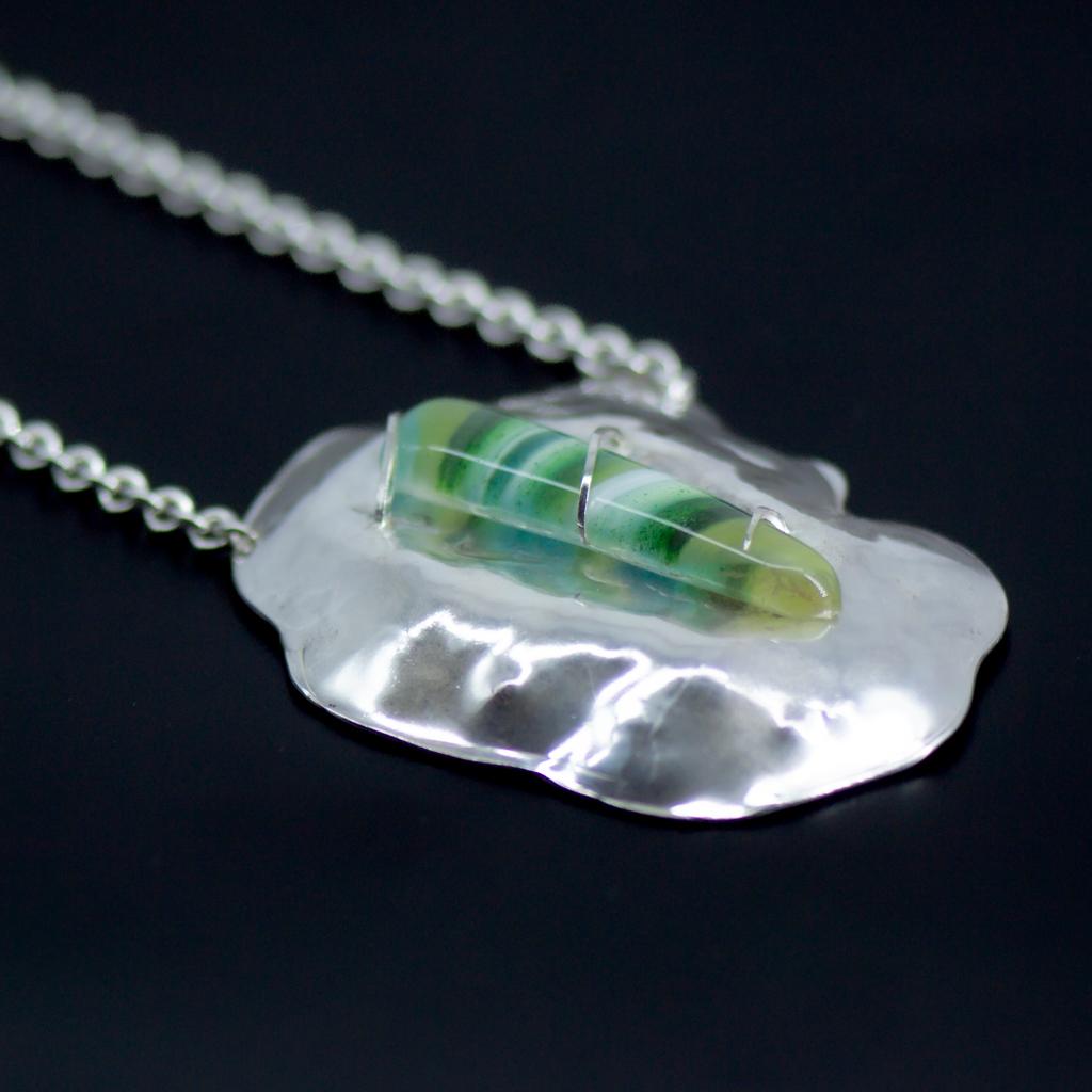 Contemporary Large Abstract Organic Sculptural Chased Silver Contour Pendant with Green Glass For Sale