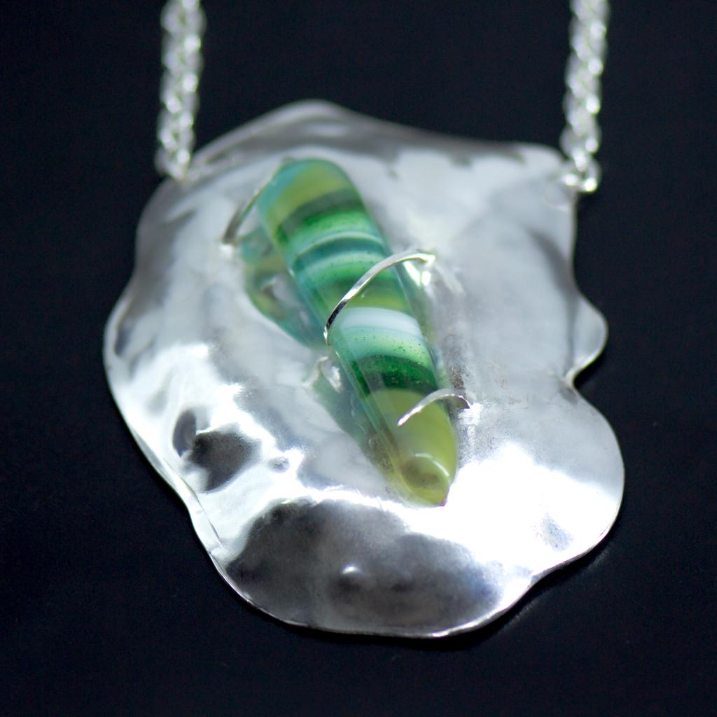 Women's or Men's Large Abstract Organic Sculptural Chased Silver Contour Pendant with Green Glass For Sale