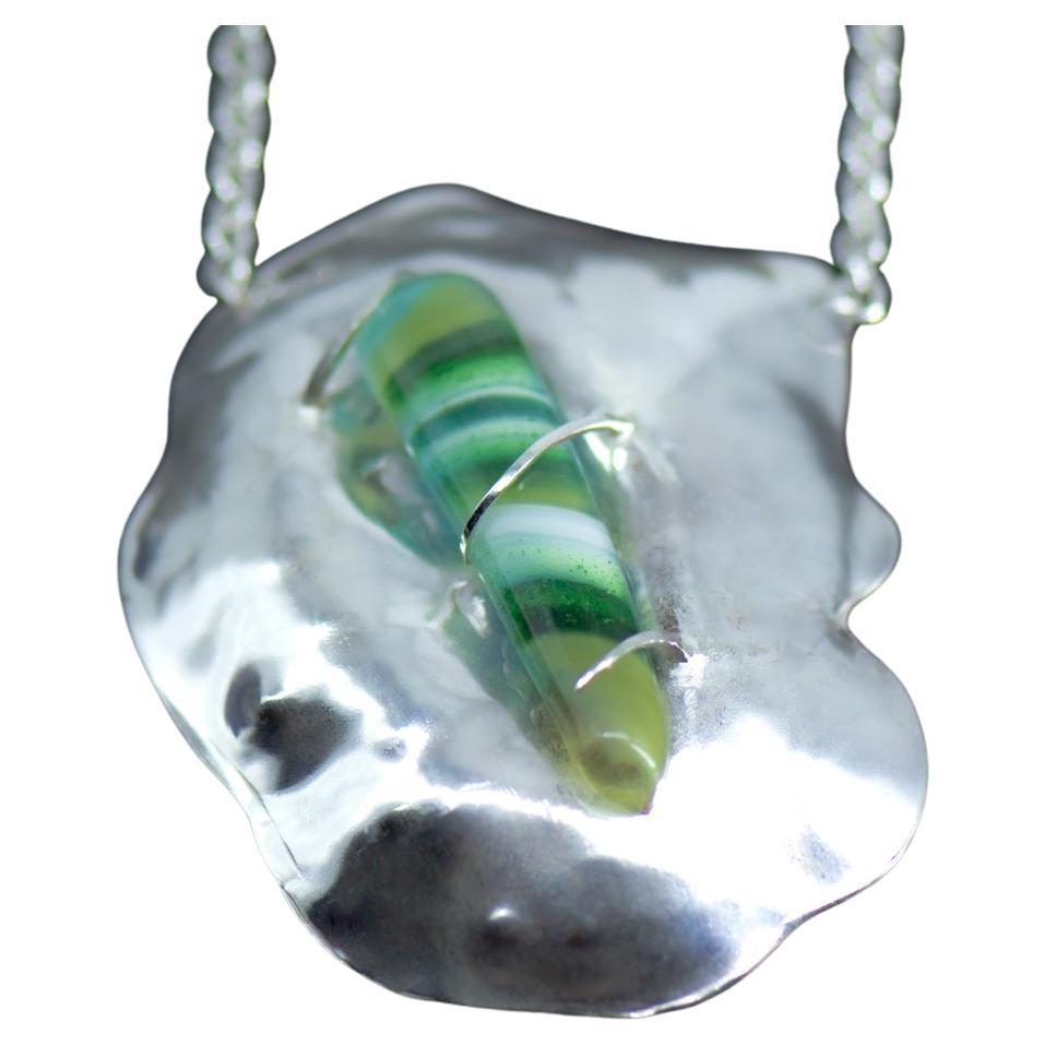 Large Abstract Organic Sculptural Chased Silver Contour Pendant with Green Glass