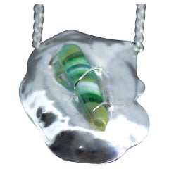 Large Abstract Organic Sculptural Chased Silver Contour Pendant with Green Glass
