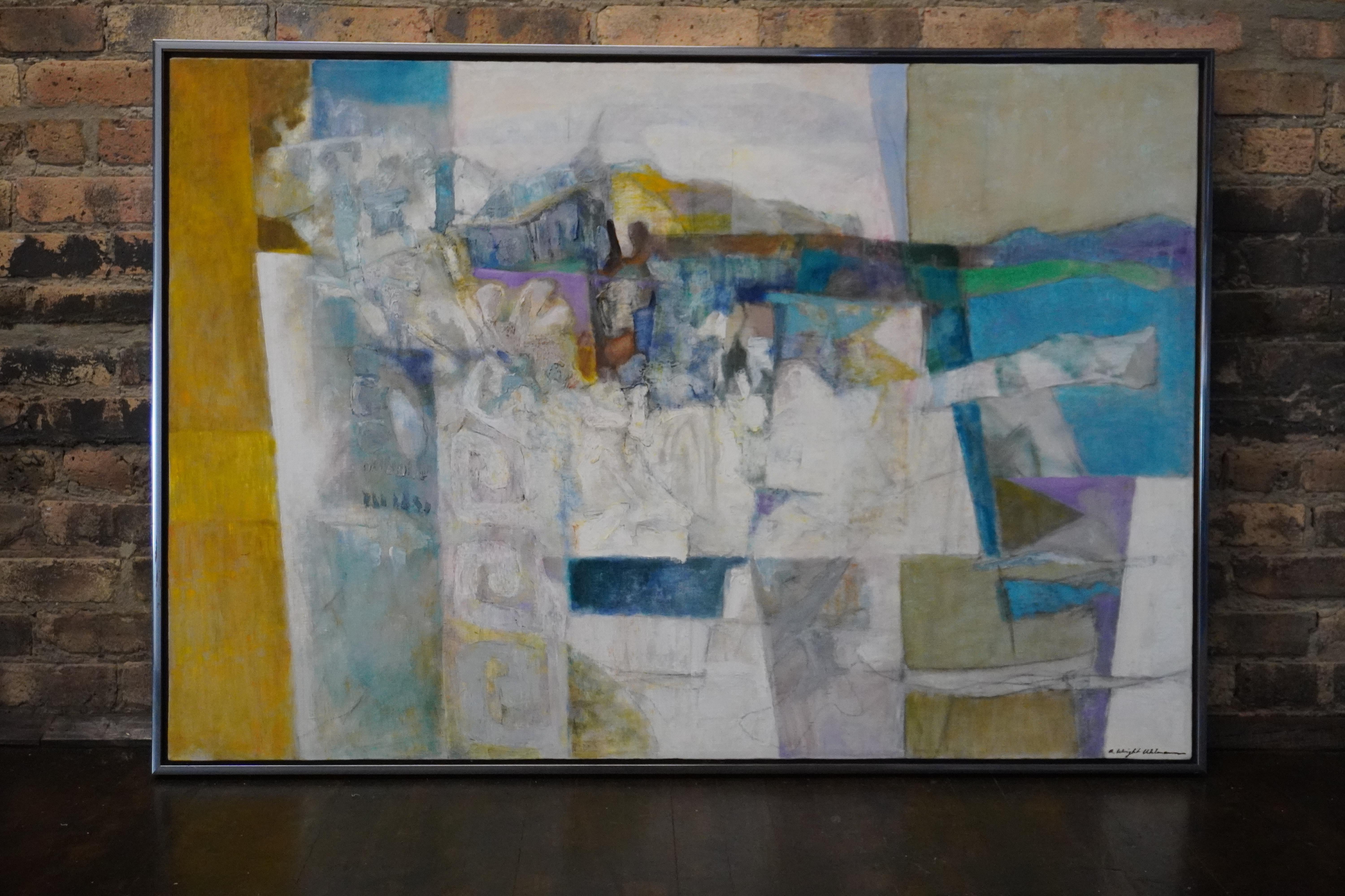 A large, lovely original abstract expressionist painting by Alice Wright Uhlmann (1911-2002) titled 