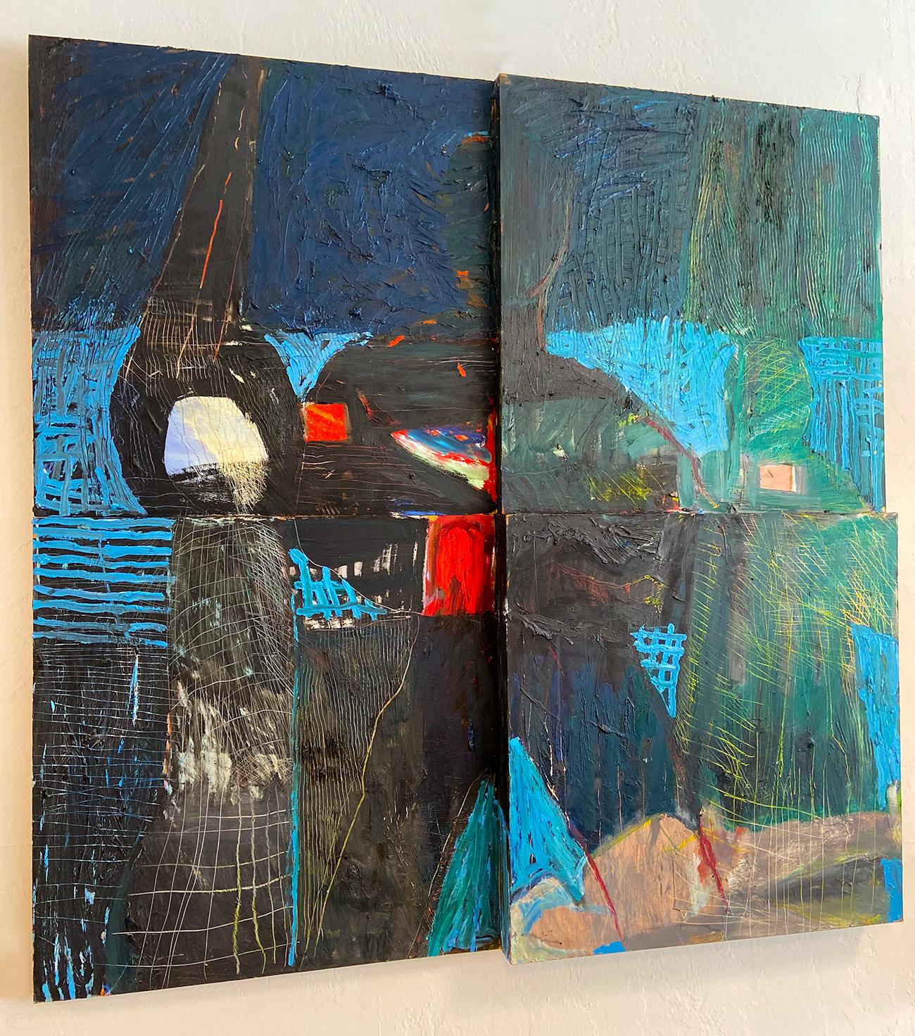 Large modern abstract painting by Francie Bishop Good, 1990s. Mixed-media on three-dimensional wood construction. Signed, dated en verso. Titled 'In The Middle' Provenance, private collection Boca Raton, FL, purchased directly from the artist 1991.