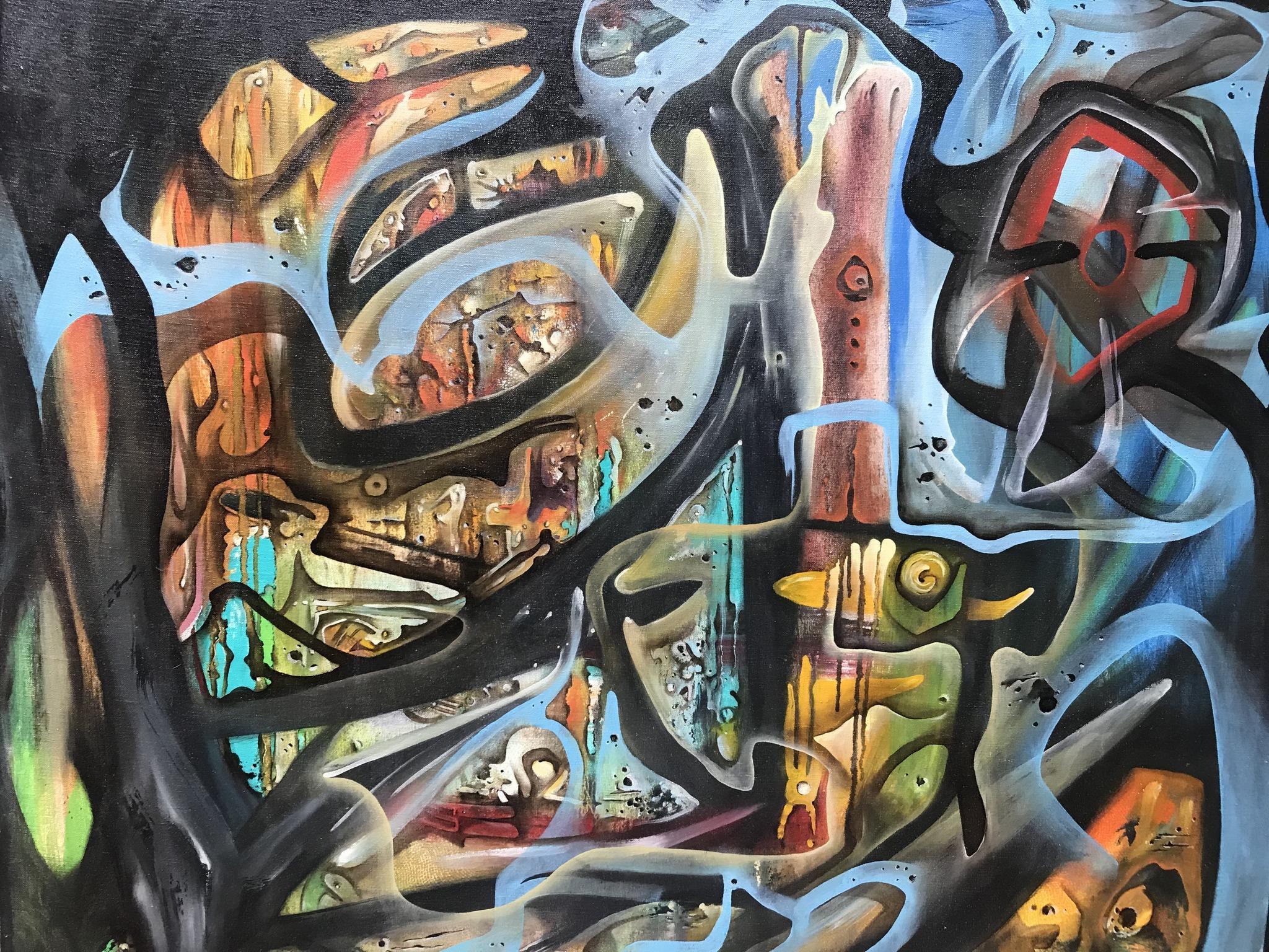 Intricate and mysterious abstract painting signed Mike Kranz 1980.