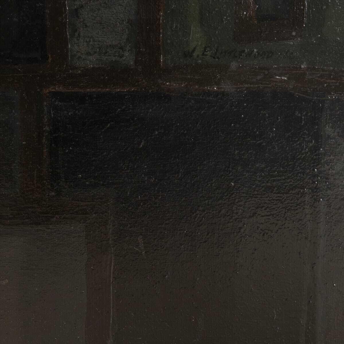 Immense huile abstraite sur toile, posée sur un panneau. Palette sombre et atmosphérique de formes géométriques imbriquées. Dans son cadre d'origine en métal poli. Anglais, vers les années 1960.

