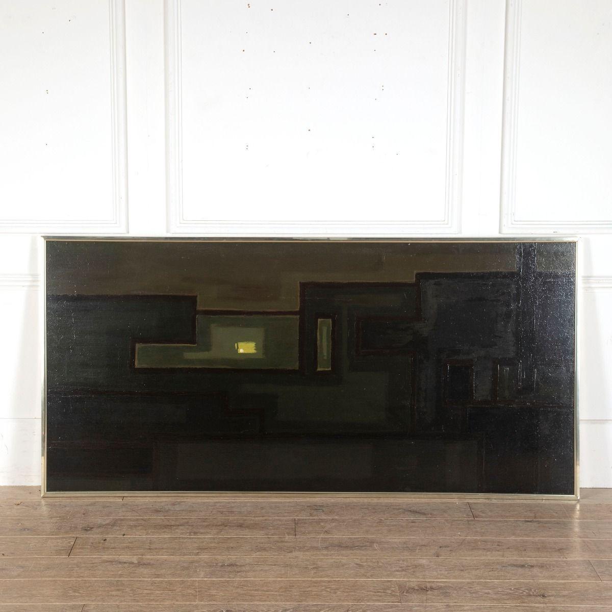 Huge abstract oil on canvas, laid on board. Dark, atmospheric palette of interlocking geometric shapes. In its original polished metal frame. English, circa 1960s.

