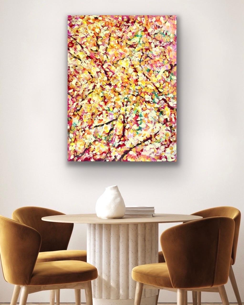 Large, unframed signed abstract painting depicting colorful fall leaves.
Signed by well listed American painter Arlene Carr.  The medium is acrylic on canvas.  Signature at lower right and note this work of art can be hung vertically or horizontally.