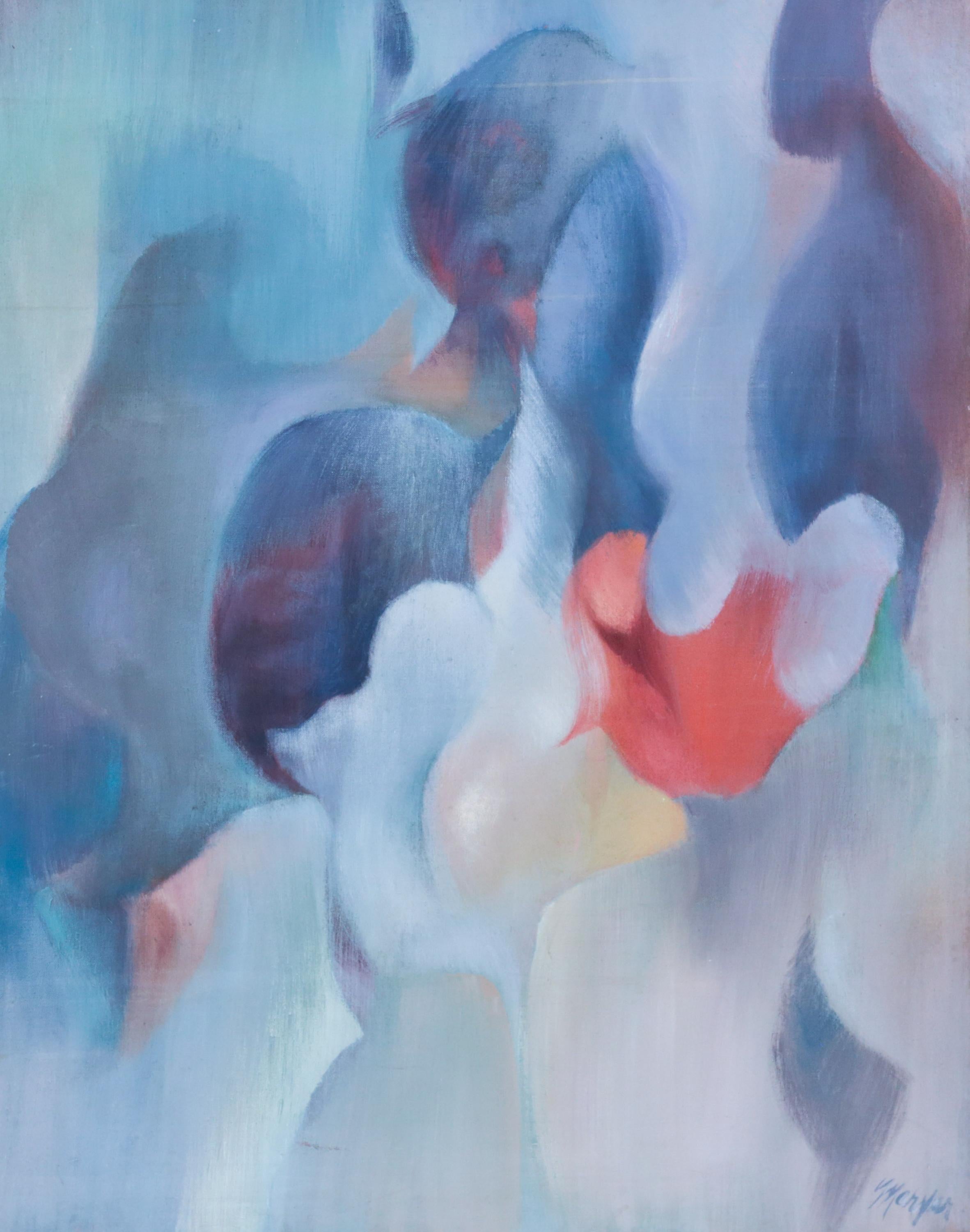 A large atmospheric abstract painting in blues and pink by Donna Marxer.