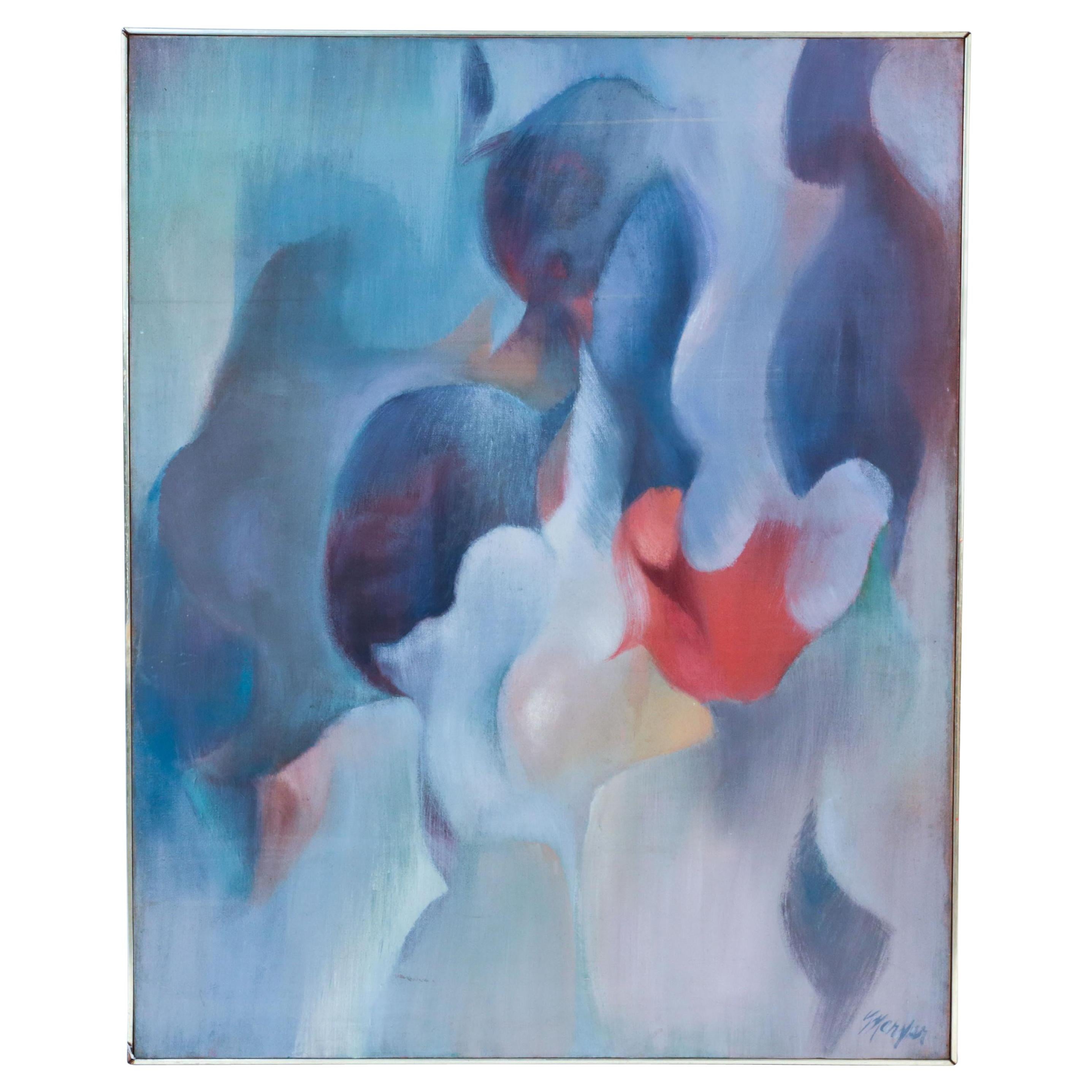 Large Abstract Painting in Blues and Pink