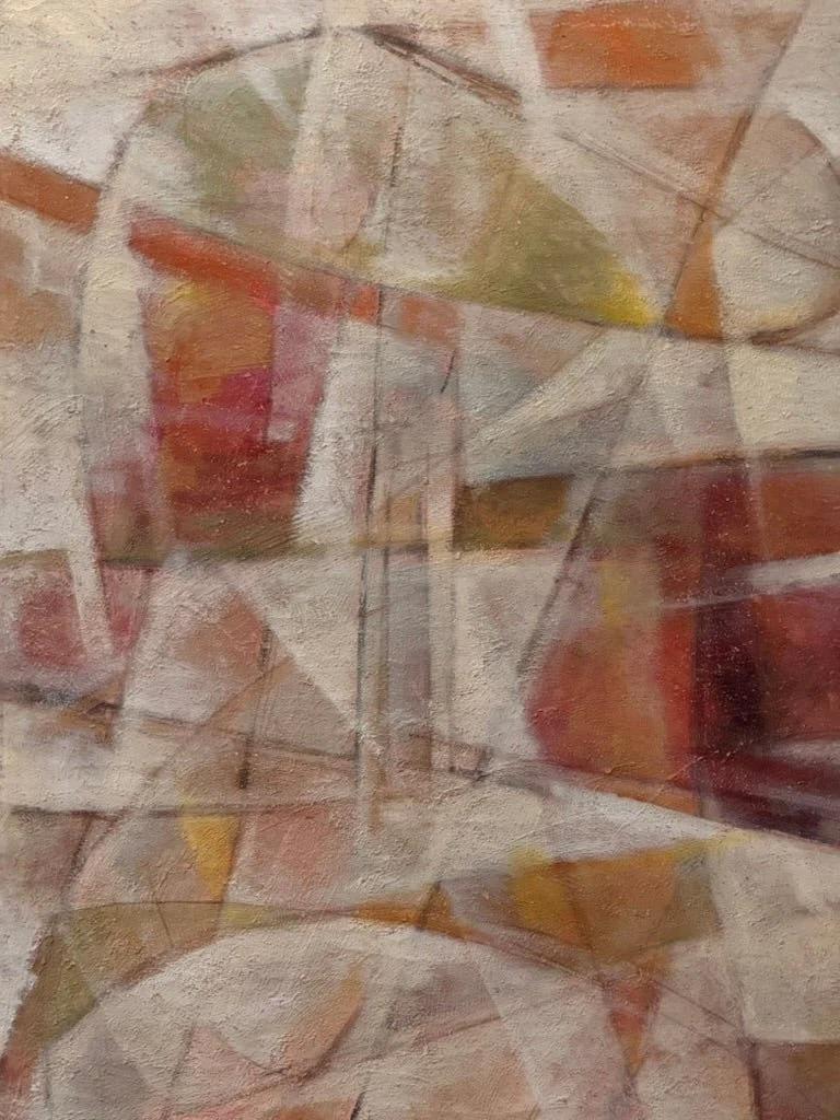 A luminous mid-20th century abstract painting in oil, Paris, composed of layered geometric forms in soft ochres, burgundy, and blush on a textured ground. The play of light and shadow suggests motion and depth within a restrained palette. Signed
