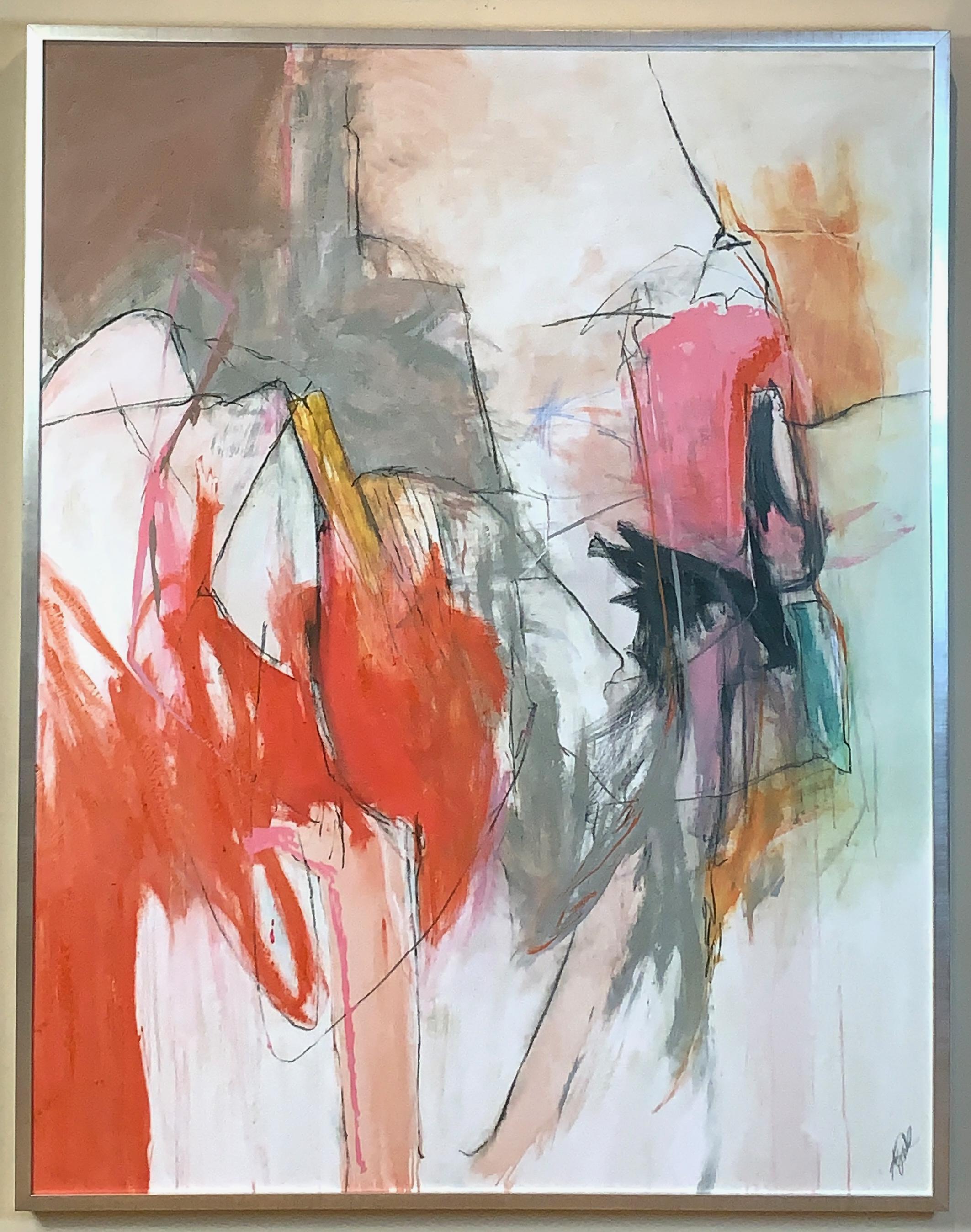 A large acrylic on canvas abstract painting with large splashes of orange, pink and gray on an off-white ground set in a simple silver leaf frame.