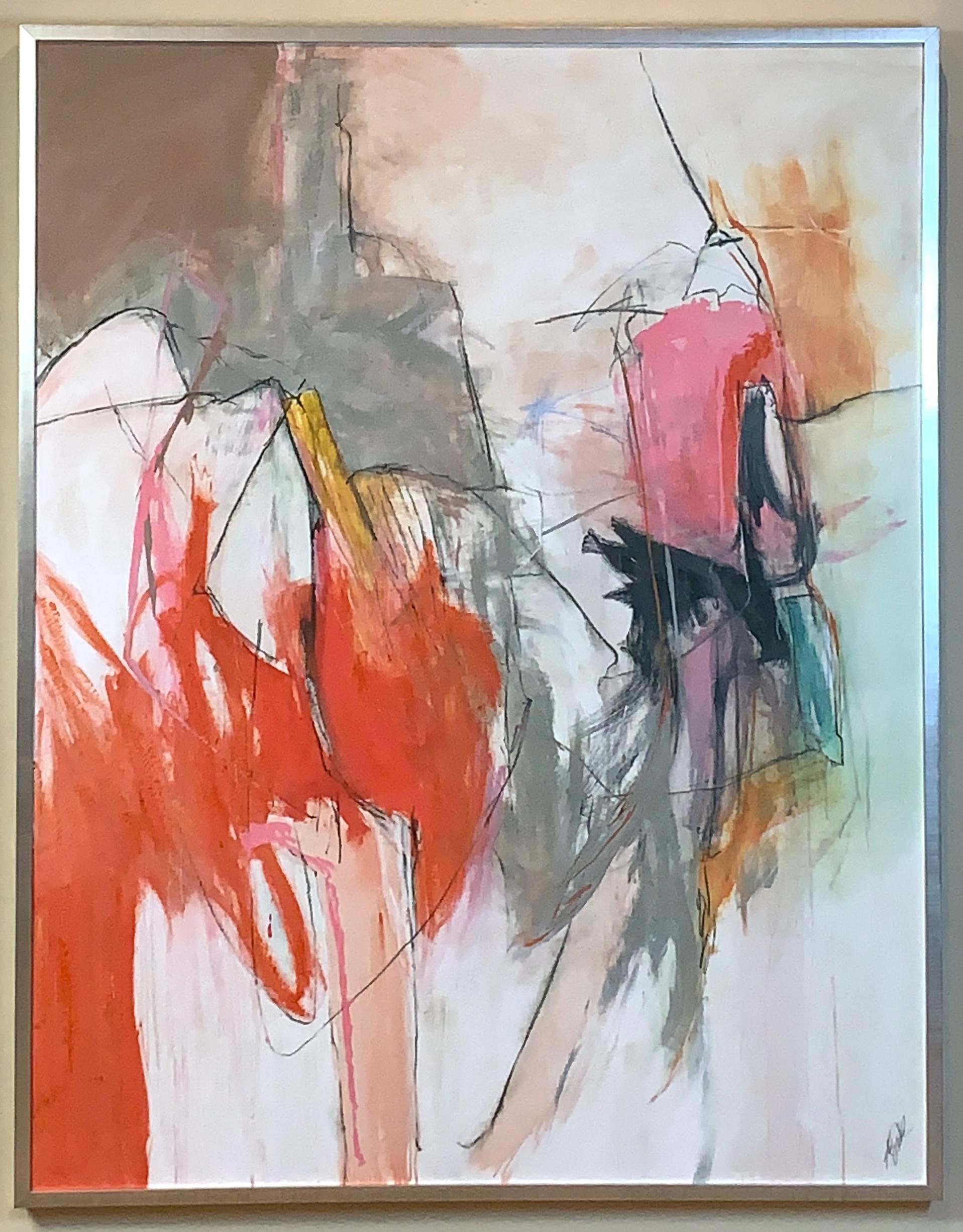Unknown Large Abstract Painting in Oranges, Pinks and Grays