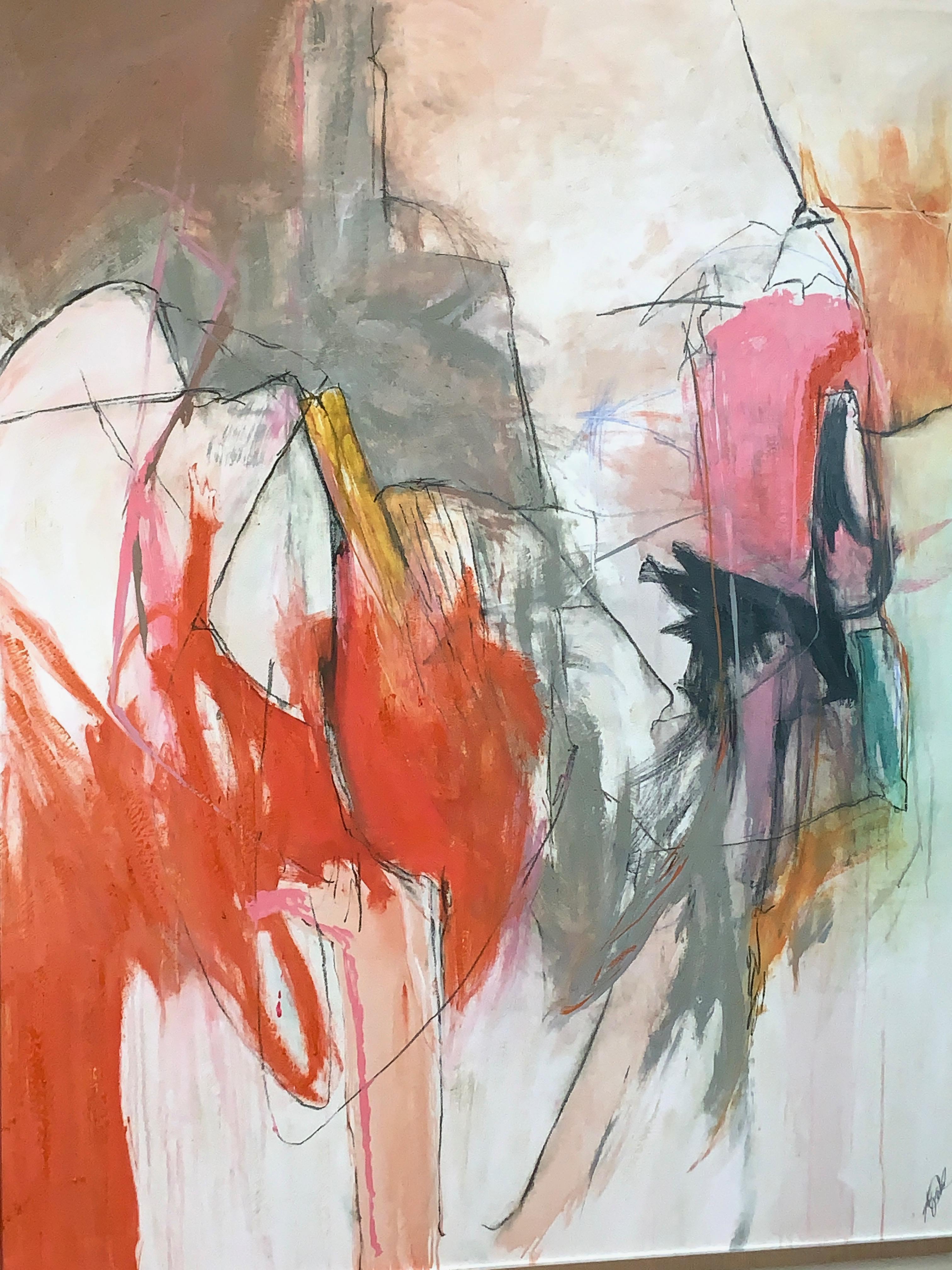 Hand-Painted Large Abstract Painting in Oranges, Pinks and Grays