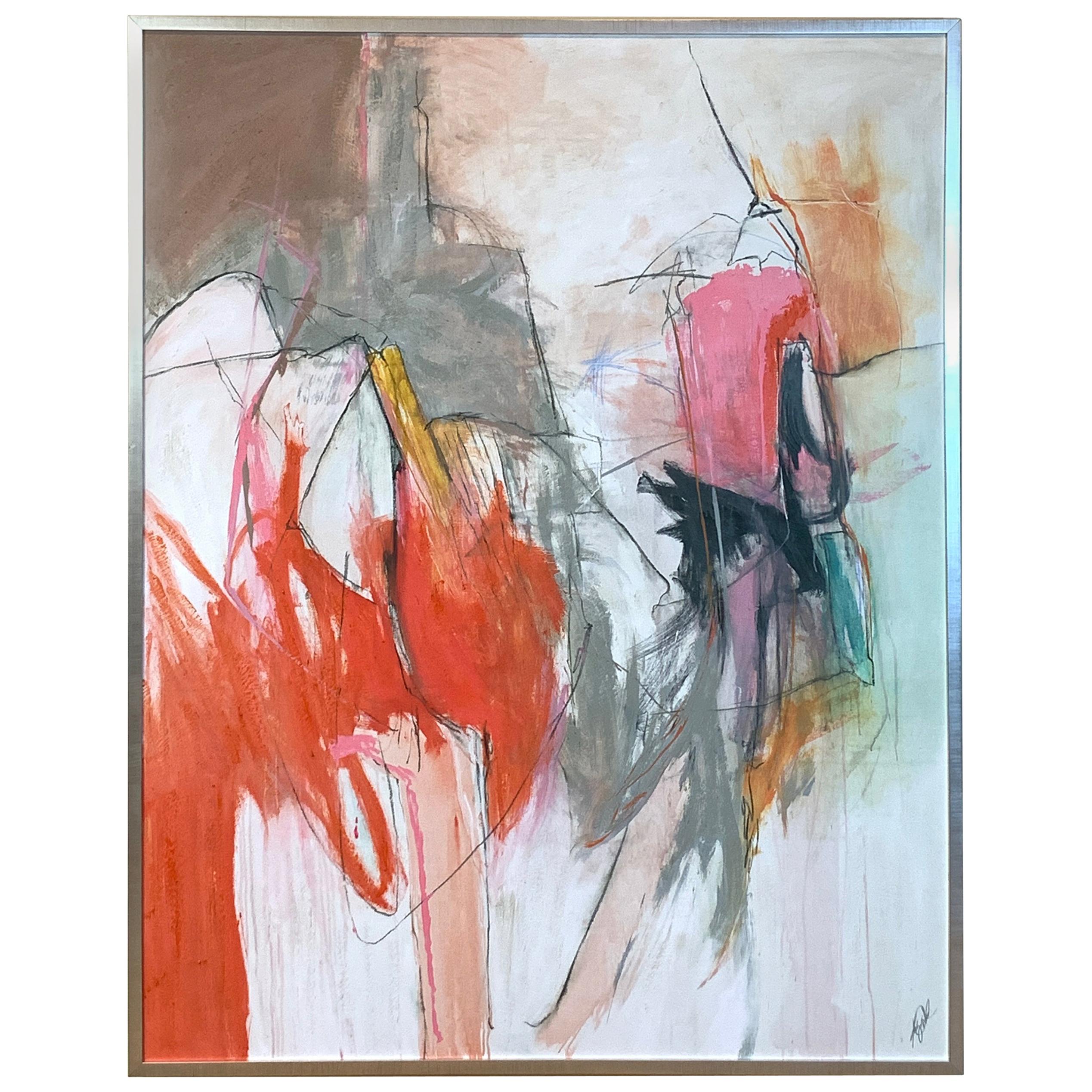 Large Abstract Painting in Oranges, Pinks and Grays