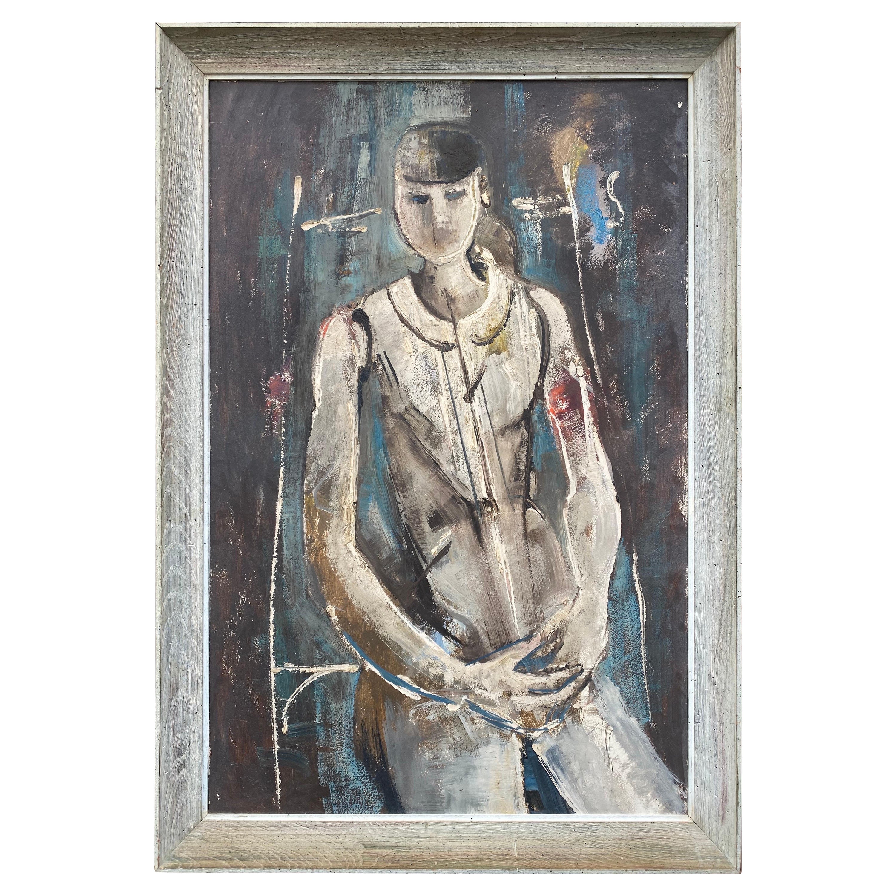 Large  Peinture abstraite d'un personnage assis dans un cadre d'époque, signée Hyland en vente