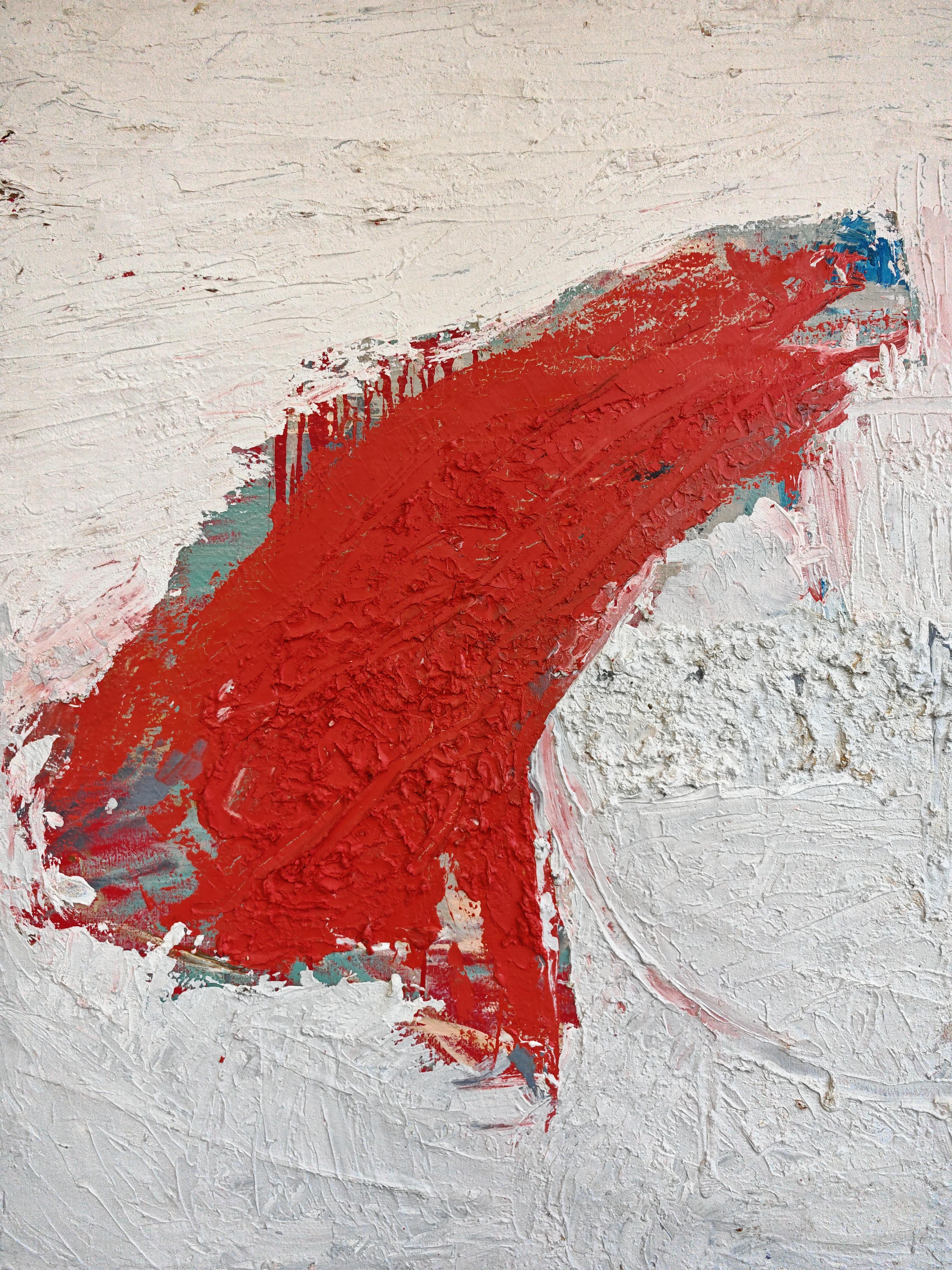 In diesem Angebot finden Sie ein markantes abstraktes Gemälde, Öl auf Leinwand. Es zeichnet sich durch dicke, pastose Schichten aus überwiegend weißer und roter Farbe mit blauen Akzenten aus, die für die abstrakte Kunst der Nachkriegszeit