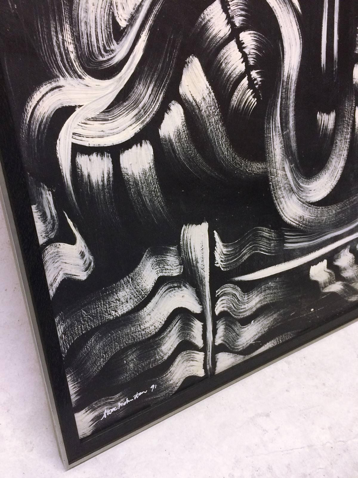 Energetic black and white abstract oil painting on panel. White brush strokes on a black ground produce an enigmatic almost surrealist feeling .
 Signed 