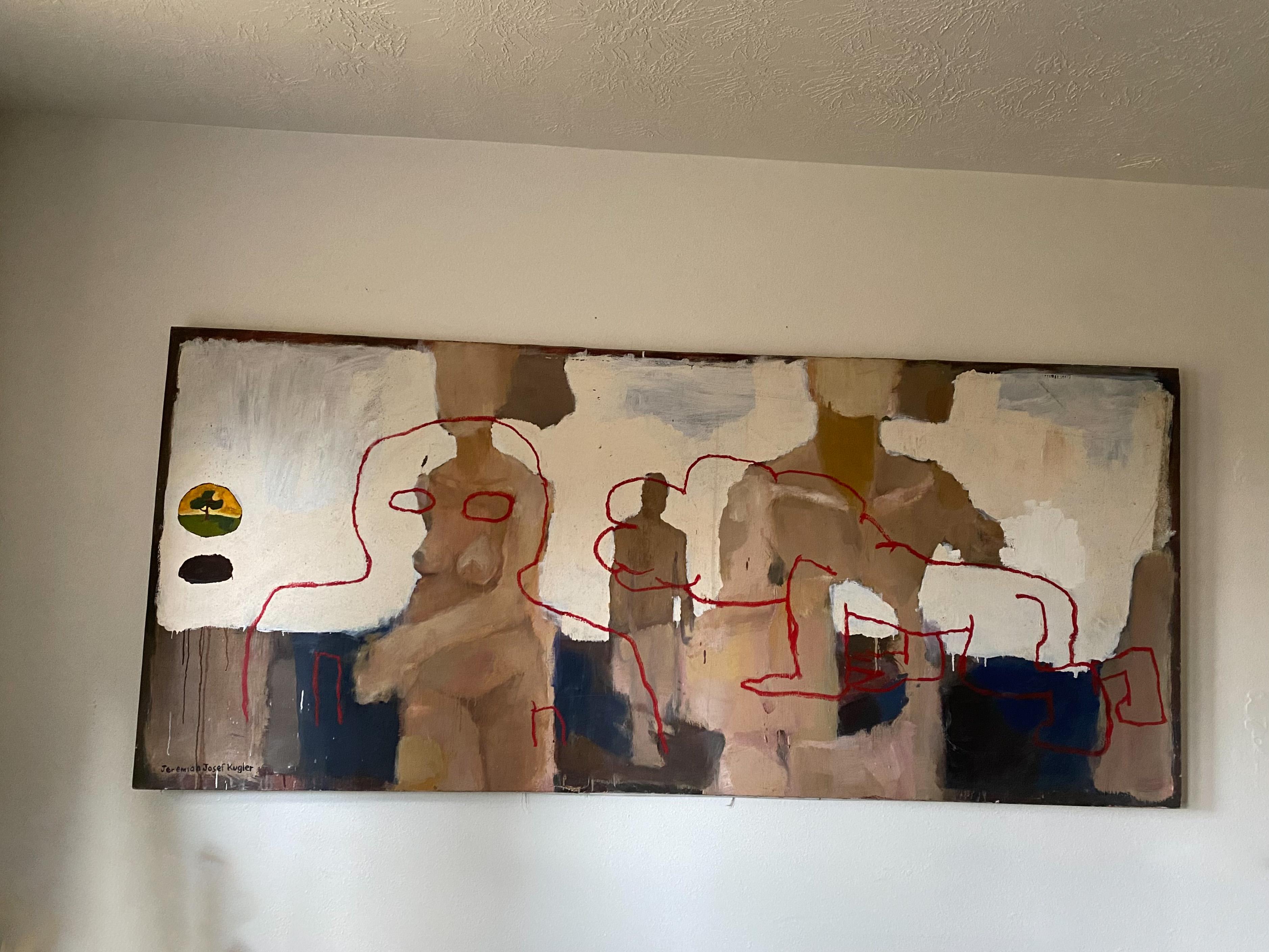 This Primitive abstract painting by Jeremiah Josef Kuglar is made on a large 7'x3' canvas. The painting features large, textured brush stroke  muted palette and large, textured brush stroke with pops of blue and red accents and silhouettes. It is