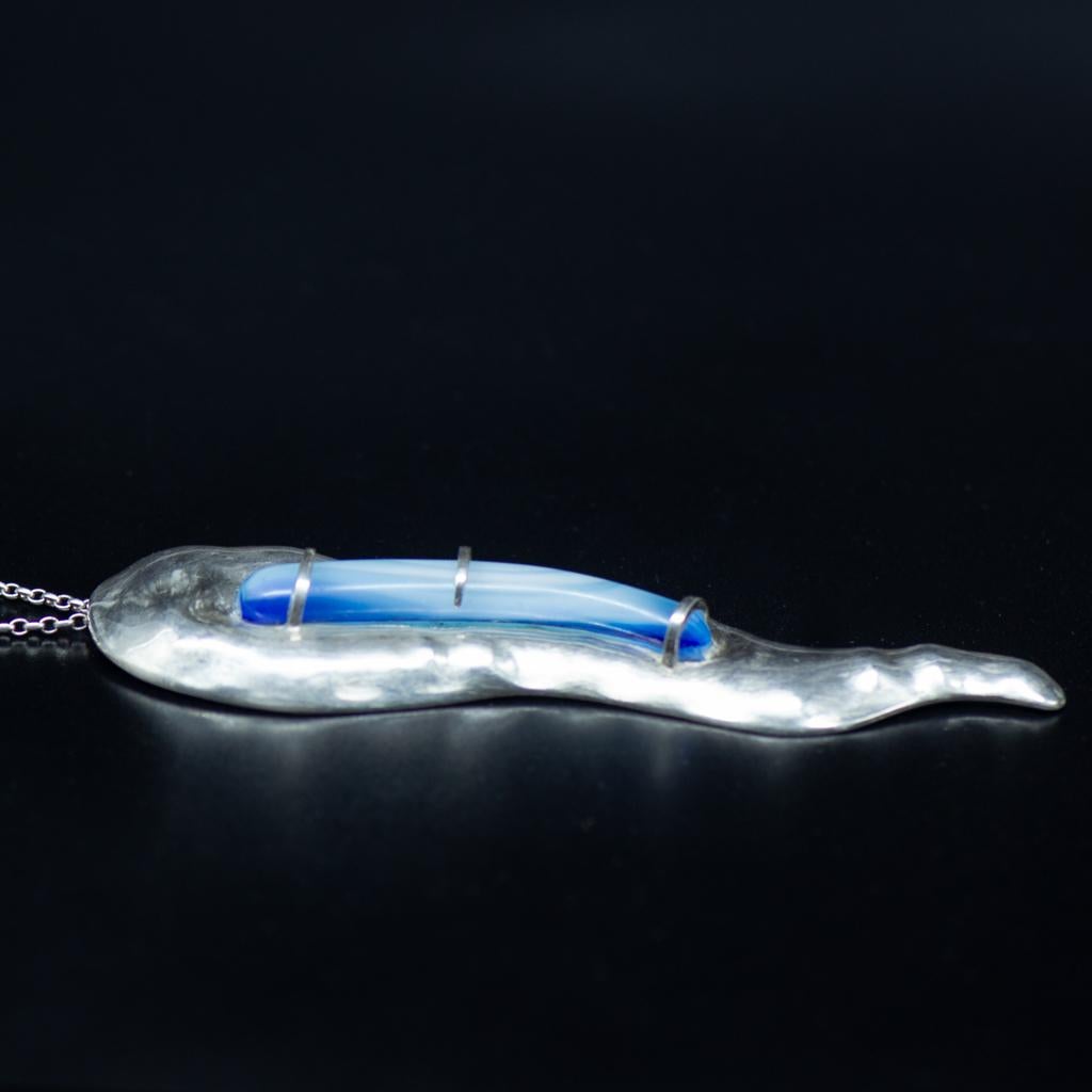 Contemporary Large Abstract Sculptural Chased Silver Contour Pendant with Pastel Blue Glass For Sale