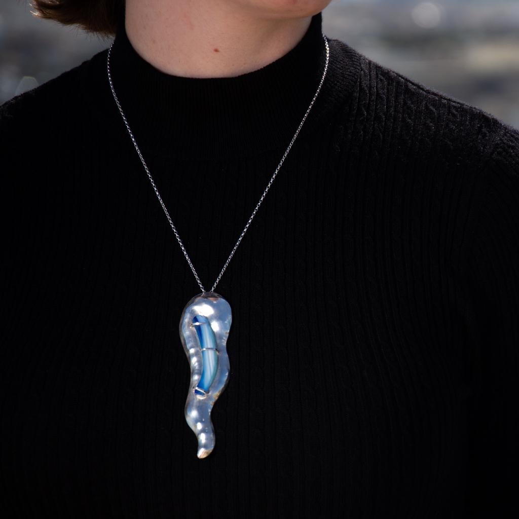 Large Abstract Sculptural Chased Silver Contour Pendant with Pastel Blue Glass In New Condition For Sale In L-Għarb, MT