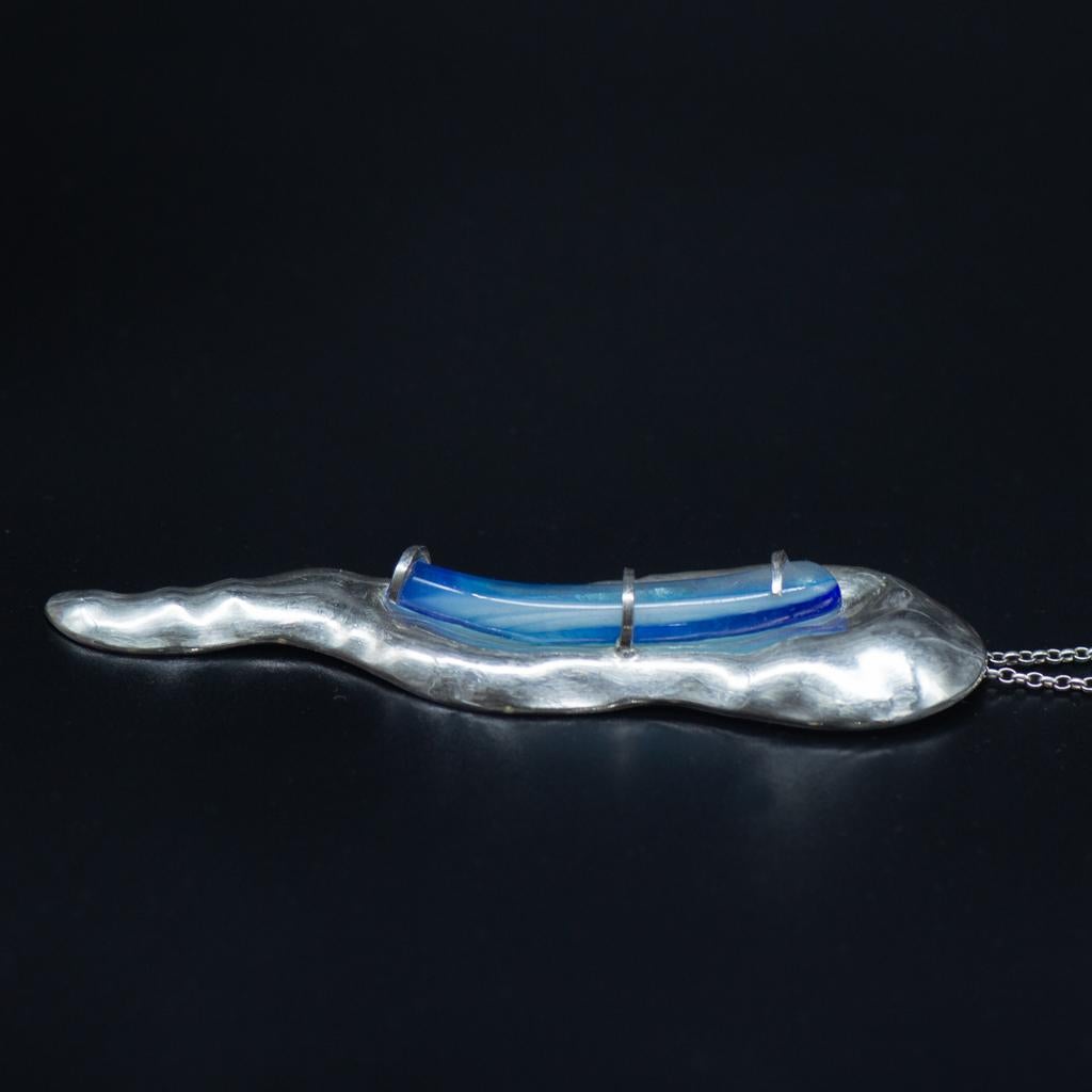 Women's or Men's Large Abstract Sculptural Chased Silver Contour Pendant with Pastel Blue Glass For Sale