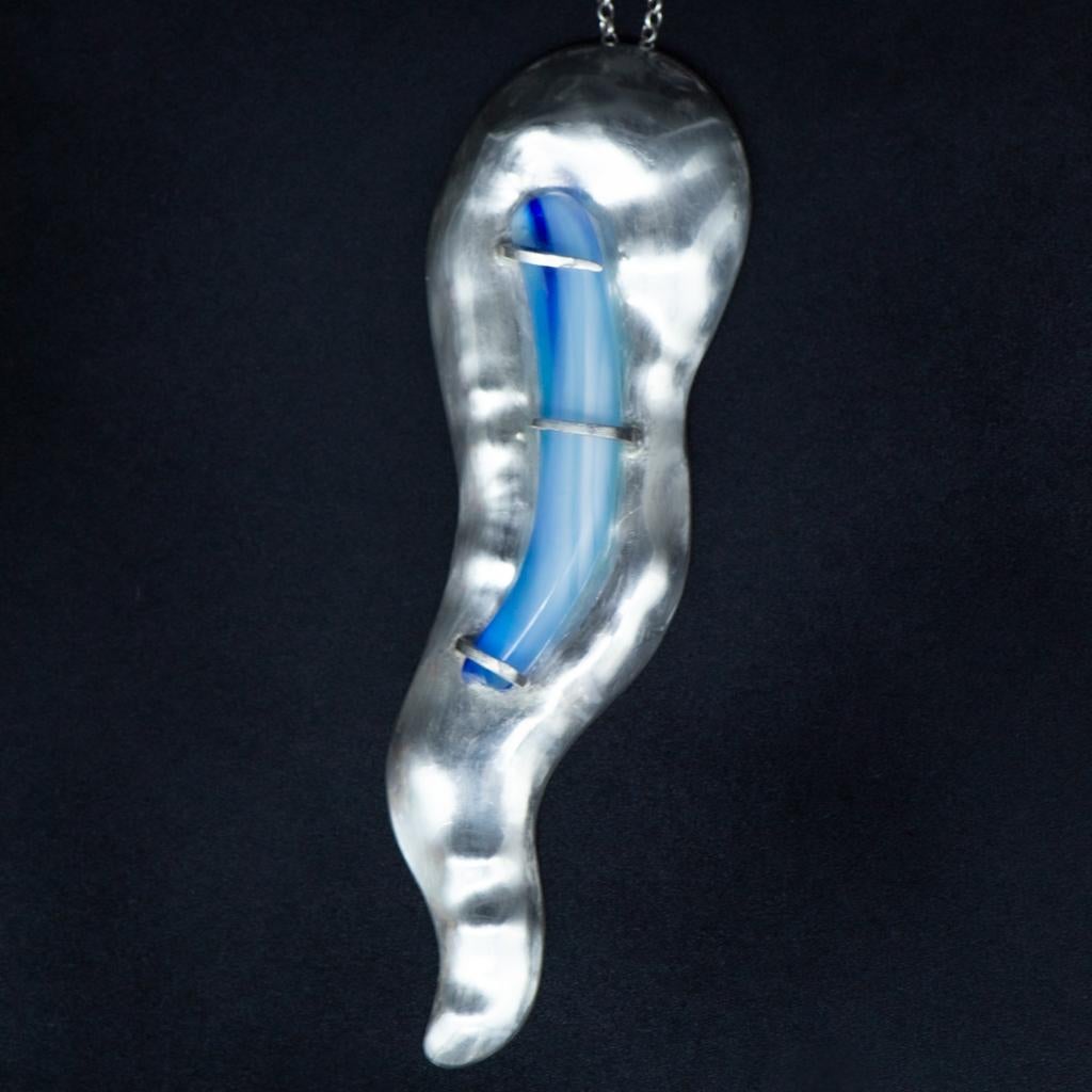 Large Abstract Sculptural Chased Silver Contour Pendant with Pastel Blue Glass For Sale 1