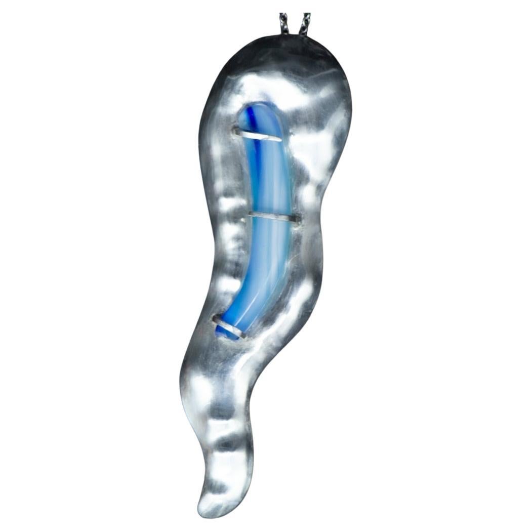 Large Abstract Sculptural Chased Silver Contour Pendant with Pastel Blue Glass For Sale