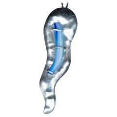 Large Abstract Sculptural Chased Silver Contour Pendant with Pastel Blue Glass