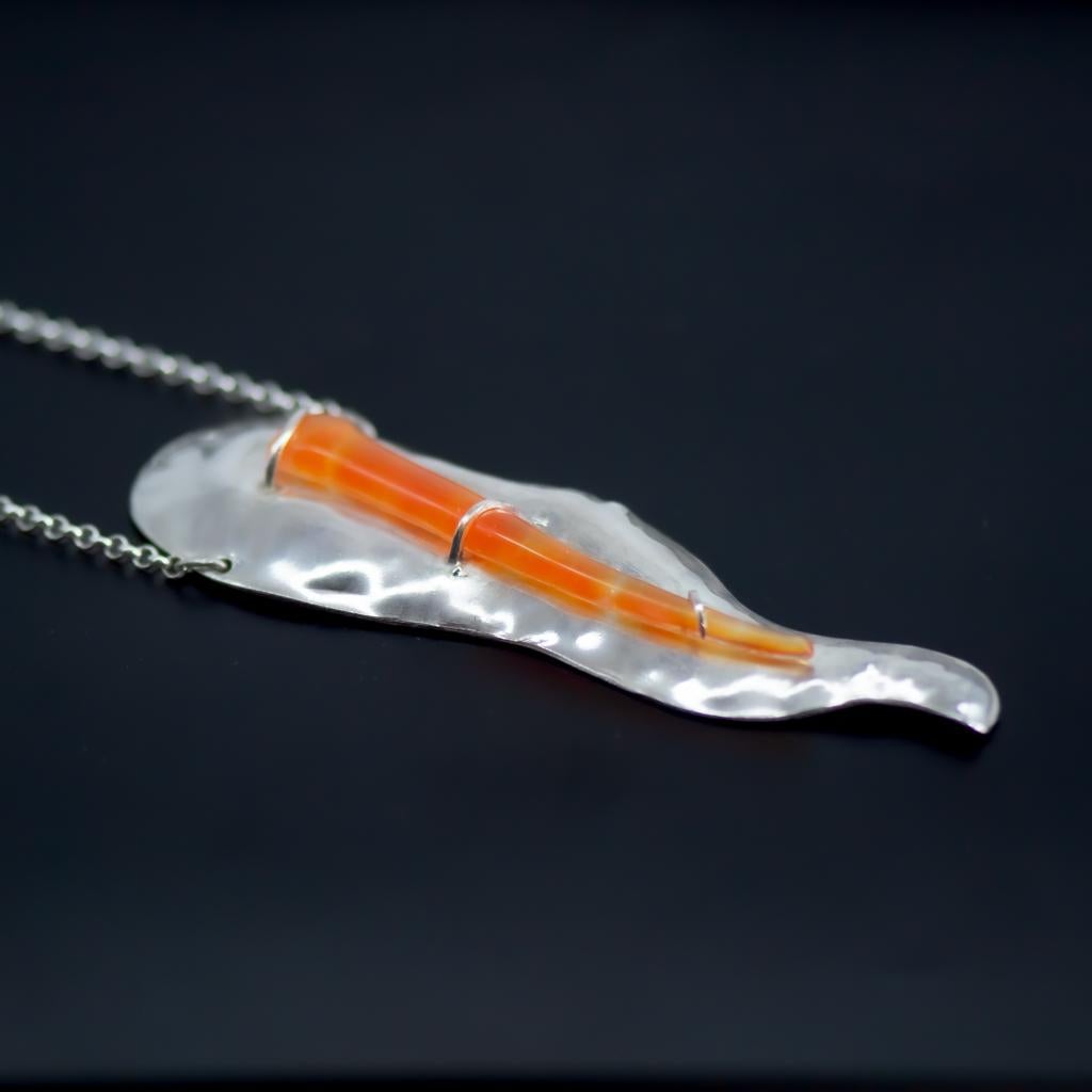 Contemporary Large Abstract Tapered Chased Silver Contour Pendant with Orange Glass For Sale