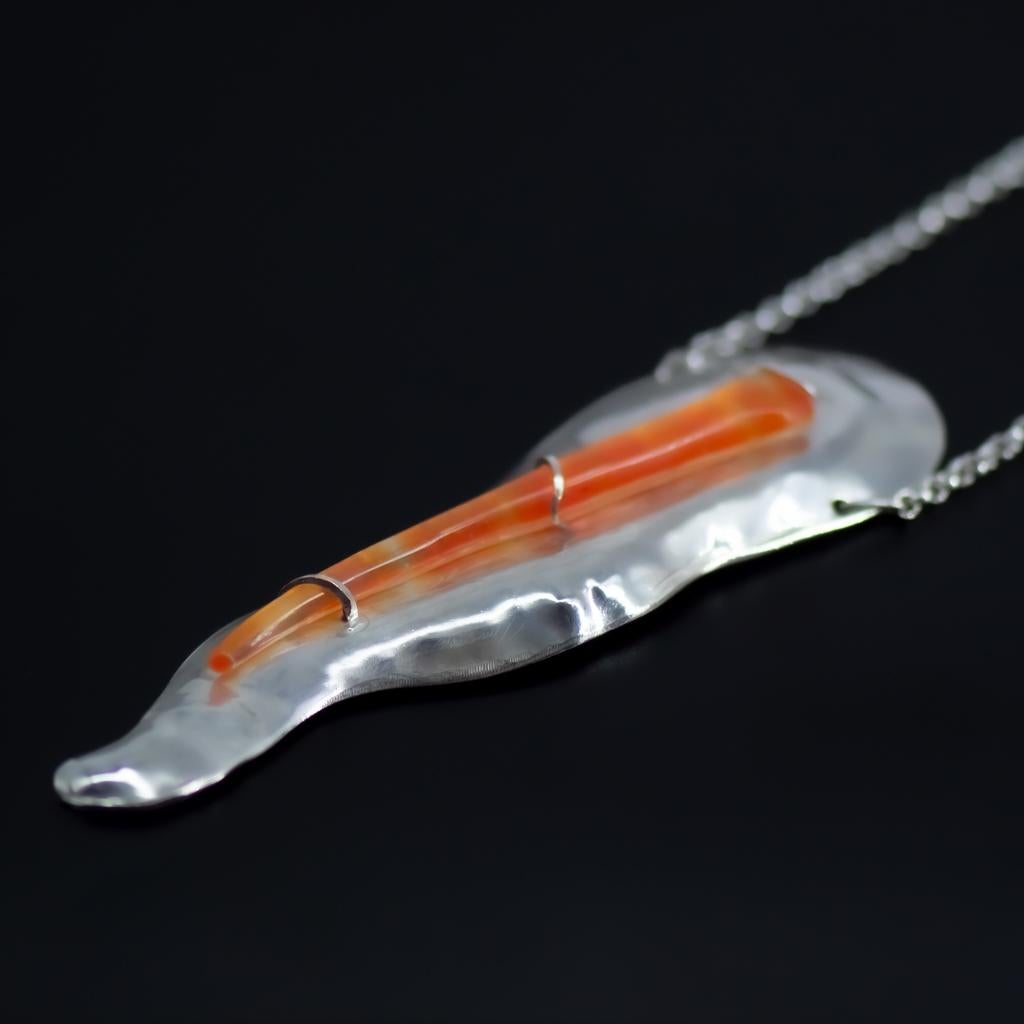 Women's Large Abstract Tapered Chased Silver Contour Pendant with Orange Glass For Sale
