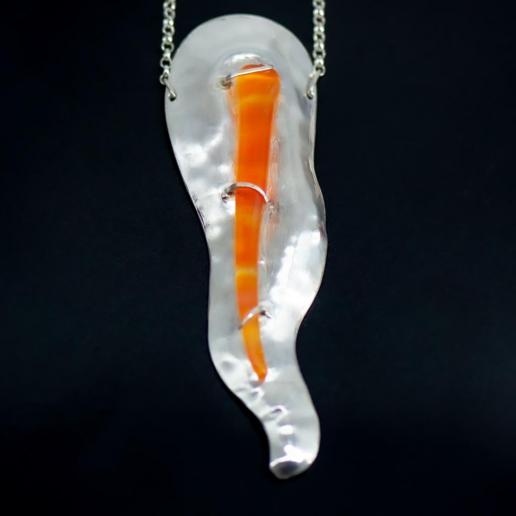 Large Abstract Tapered Chased Silver Contour Pendant with Orange Glass For Sale 1