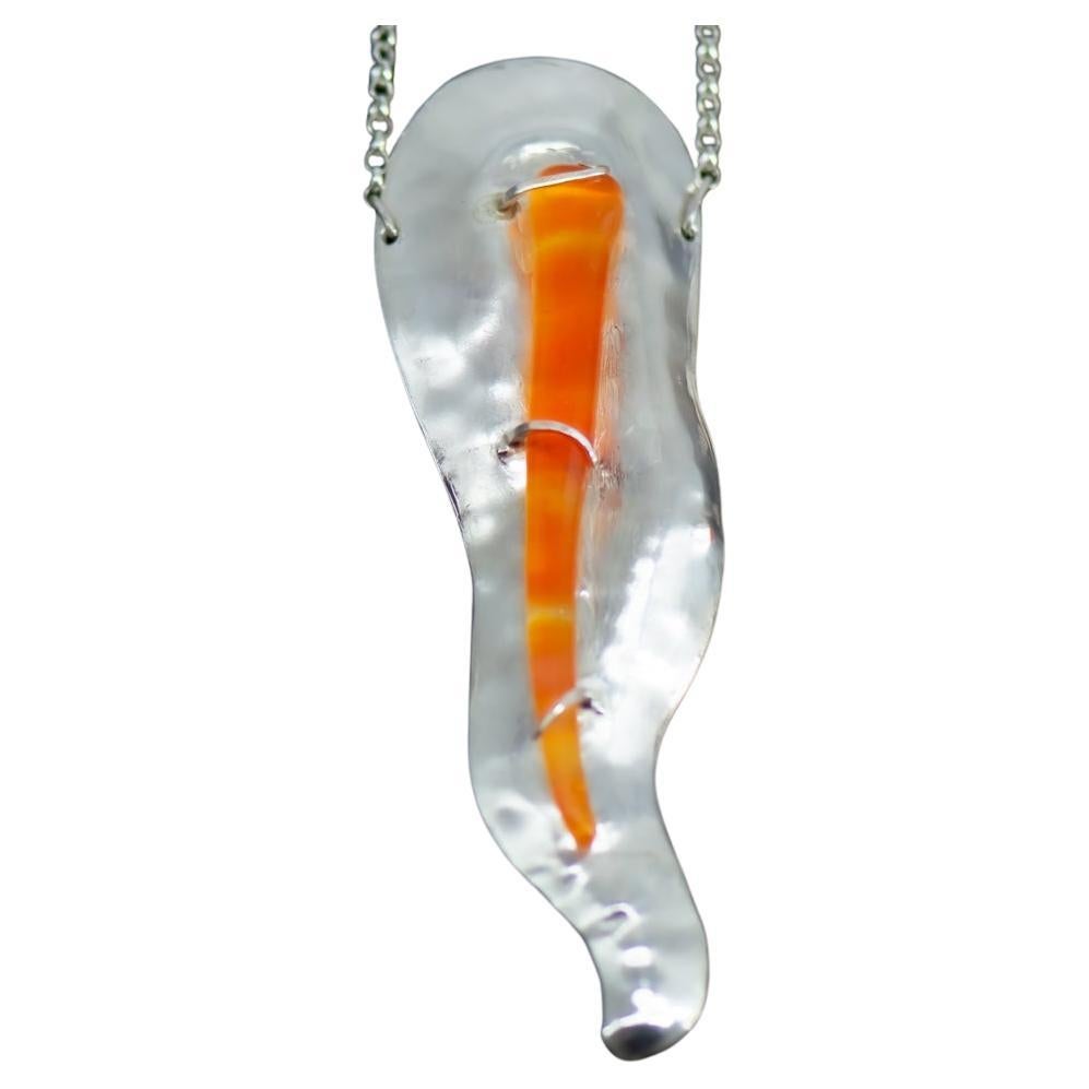Large Abstract Tapered Chased Silver Contour Pendant with Orange Glass
