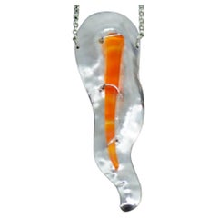 Large Abstract Tapered Chased Silver Contour Pendant with Orange Glass