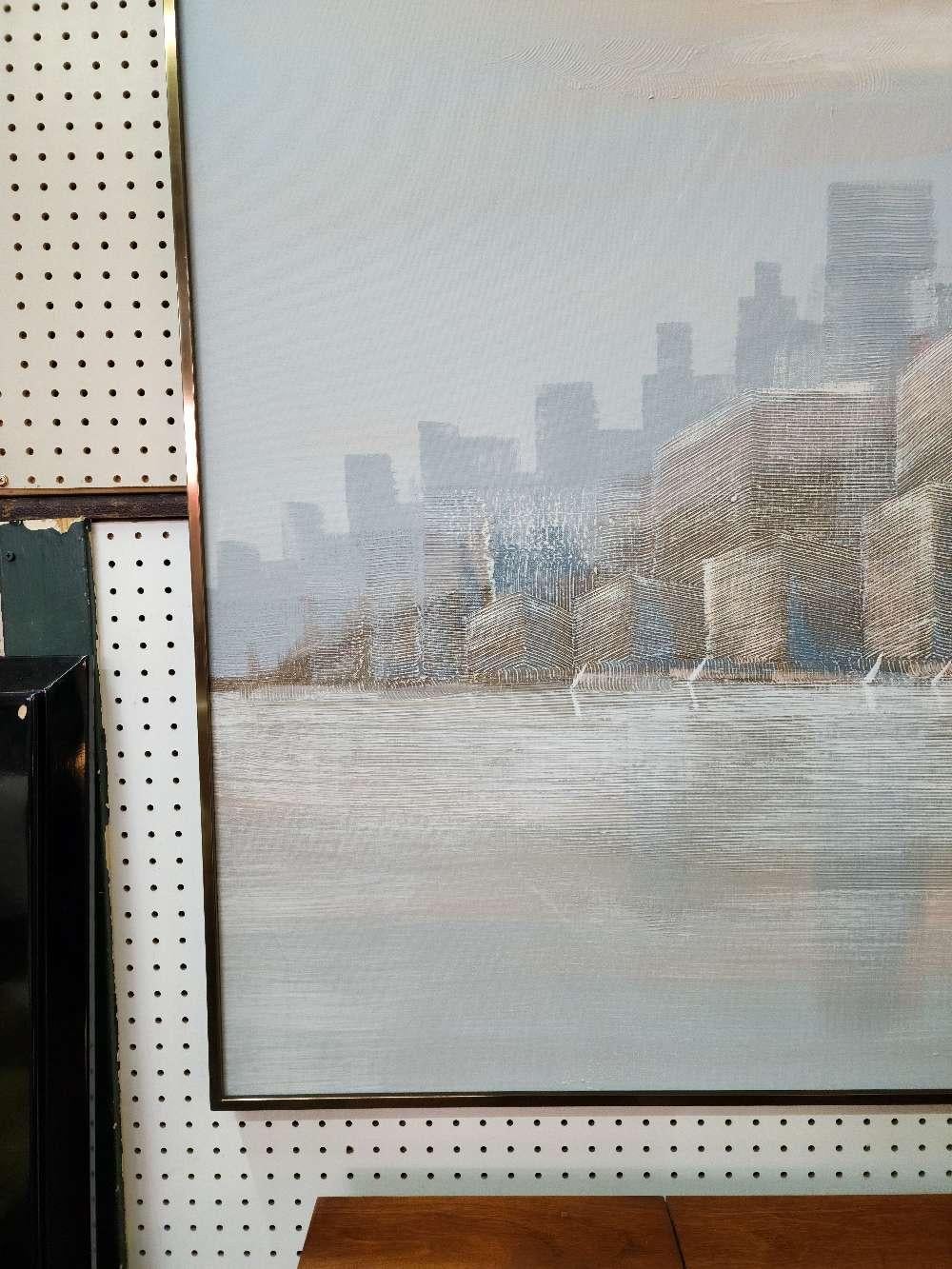 Large Abstract Textured Cityscape w/ Sailboats by Lee Reynolds in Pastels/Grays For Sale 4