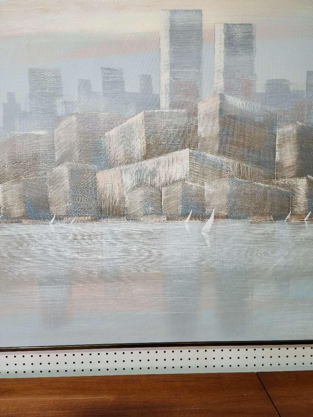Large Abstract Textured Cityscape w/ Sailboats by Lee Reynolds in Pastels/Grays For Sale 12