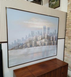 Large Abstract Textured Cityscape w/ Sailboats by Lee Reynolds in Pastels/Grays