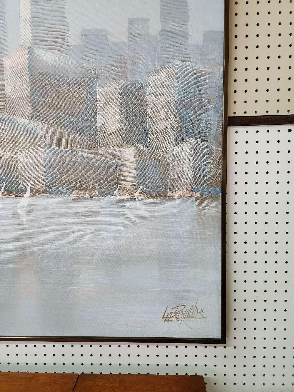 Canvas Large Abstract Textured Cityscape w/ Sailboats by Lee Reynolds in Pastels/Grays For Sale